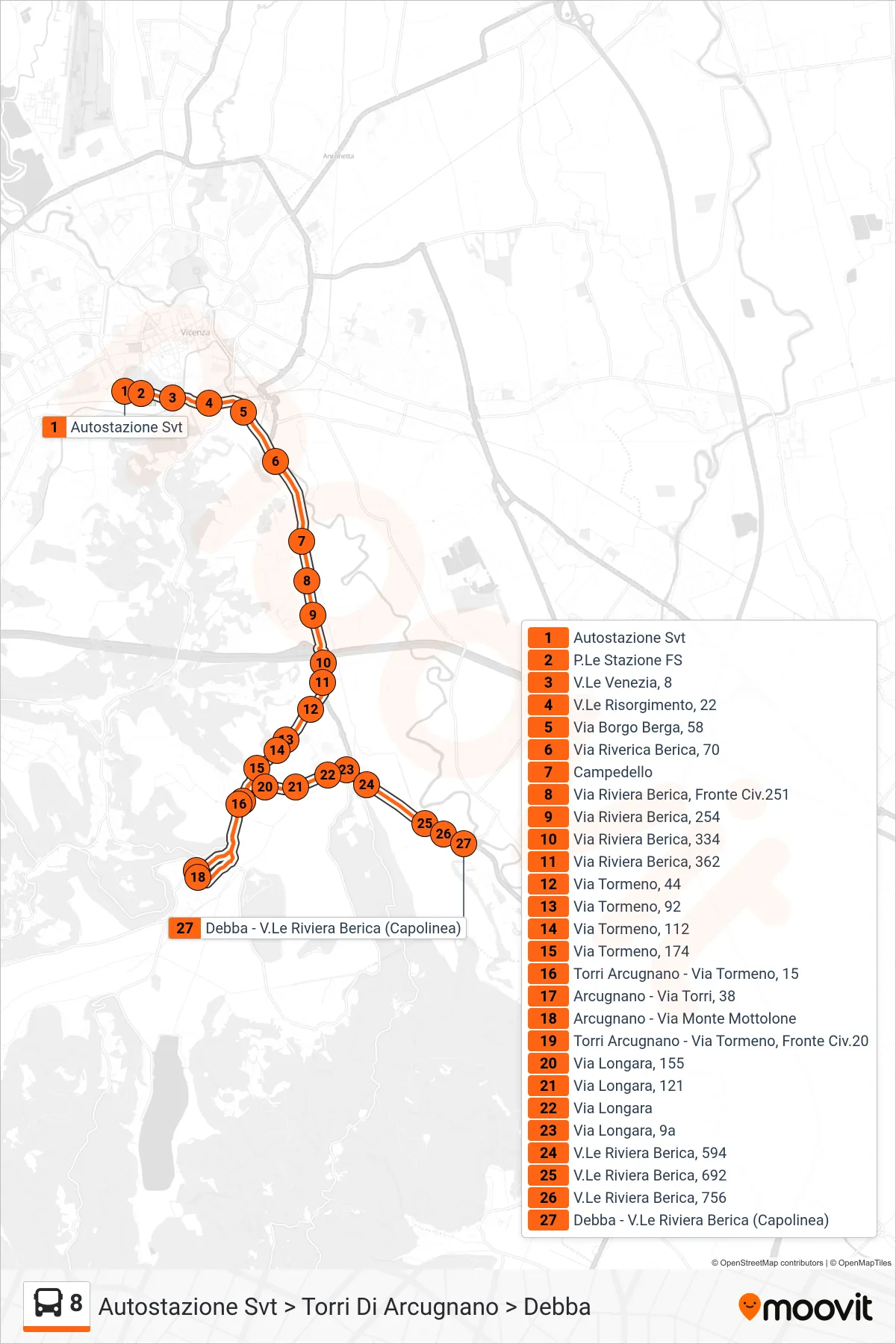 Linea 8 bus (Autostazione Svt > Torri Di Arcugnano > Debba) - Percorsi e fermate sulla mappa