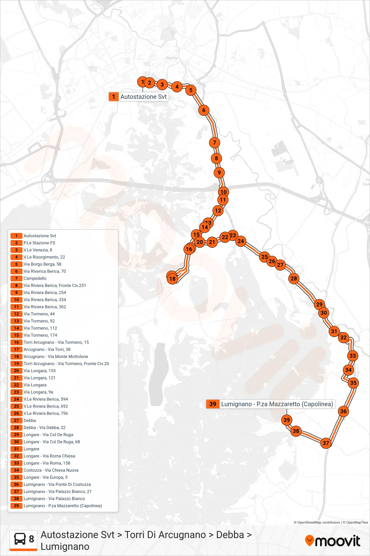 Linea 8 bus (Autostazione Svt > Torri Di Arcugnano > Debba > Lumignano) - Percorsi e fermate sulla mappa