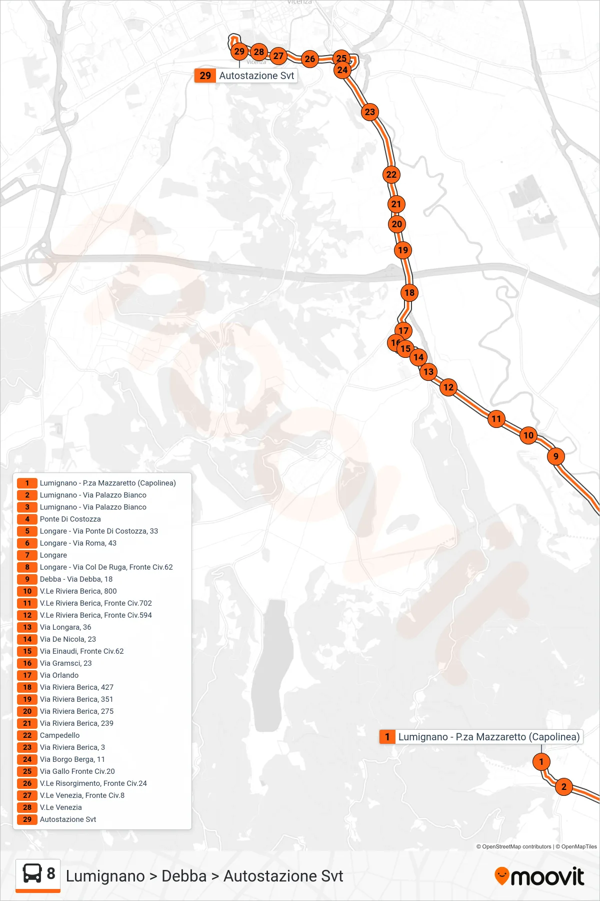 Linea 8 bus (Lumignano > Debba > Autostazione Svt) - Percorsi e fermate sulla mappa