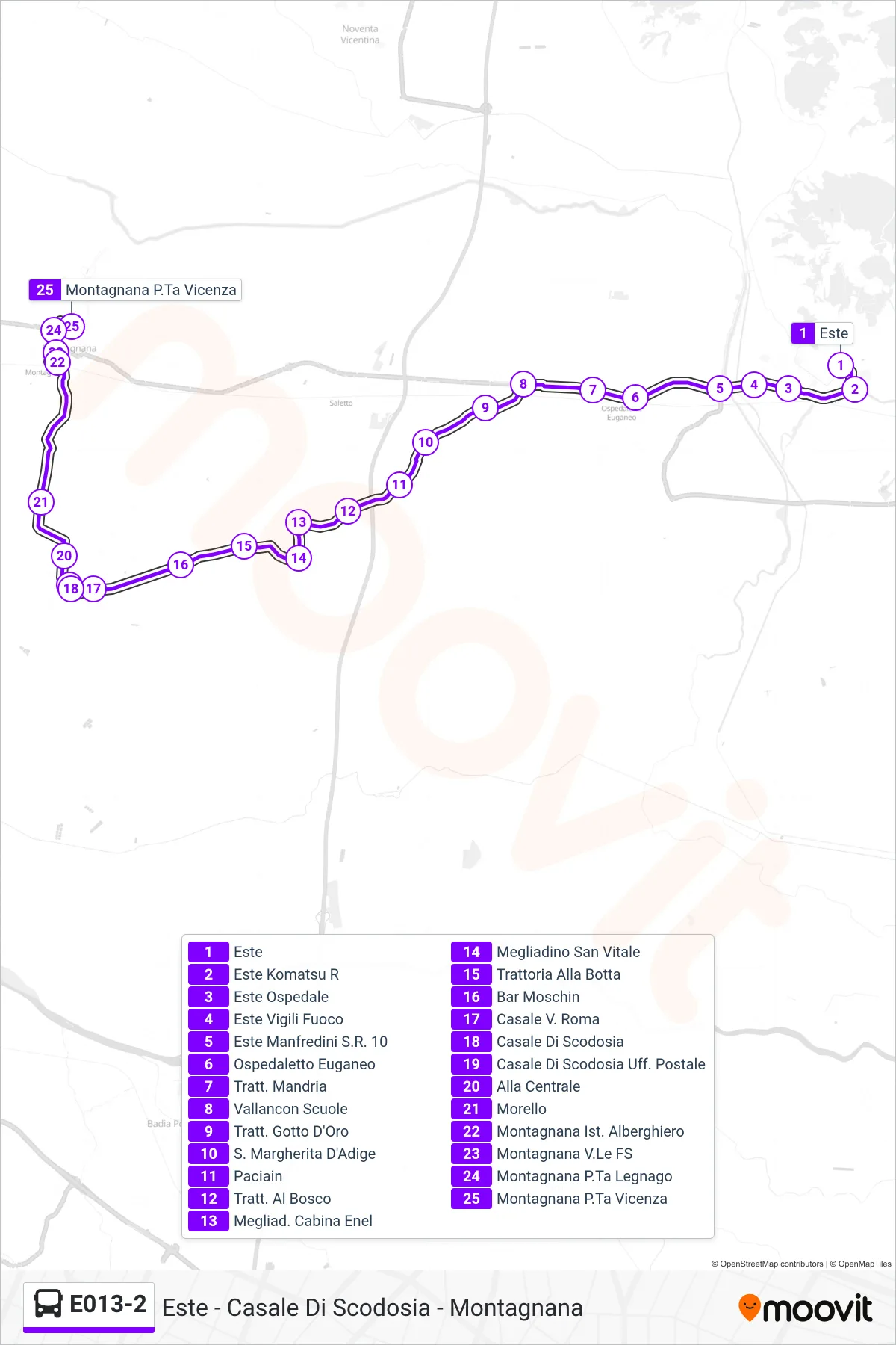 Linea E013-2 bus (Montagnana P.Ta Vicenza) - Percorsi e fermate sulla mappa