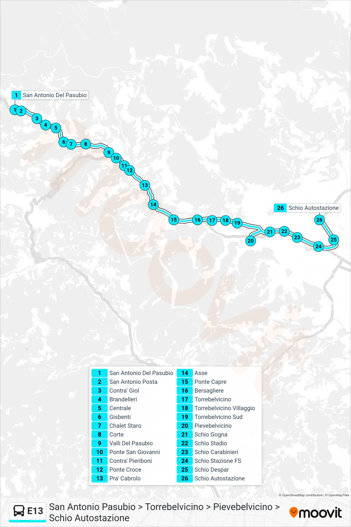 Linea E13  bus (San Antonio Pasubio > Torrebelvicino > Pievebelvicino > Schio Autostazione) - Percorsi e fermate sulla mappa