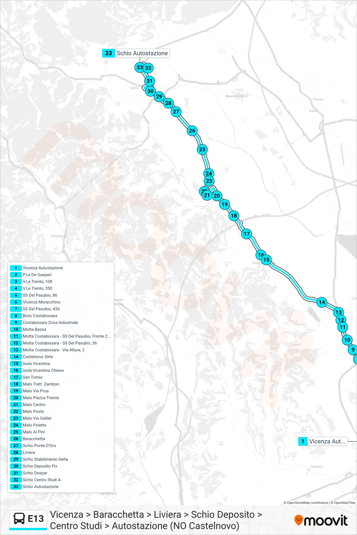 Linea E13 bus (Vicenza > Baracchetta > Liviera > Schio Deposito > Centro Studi > Autostazione (NO Castelnovo)) - Percorsi e fermate sulla mappa