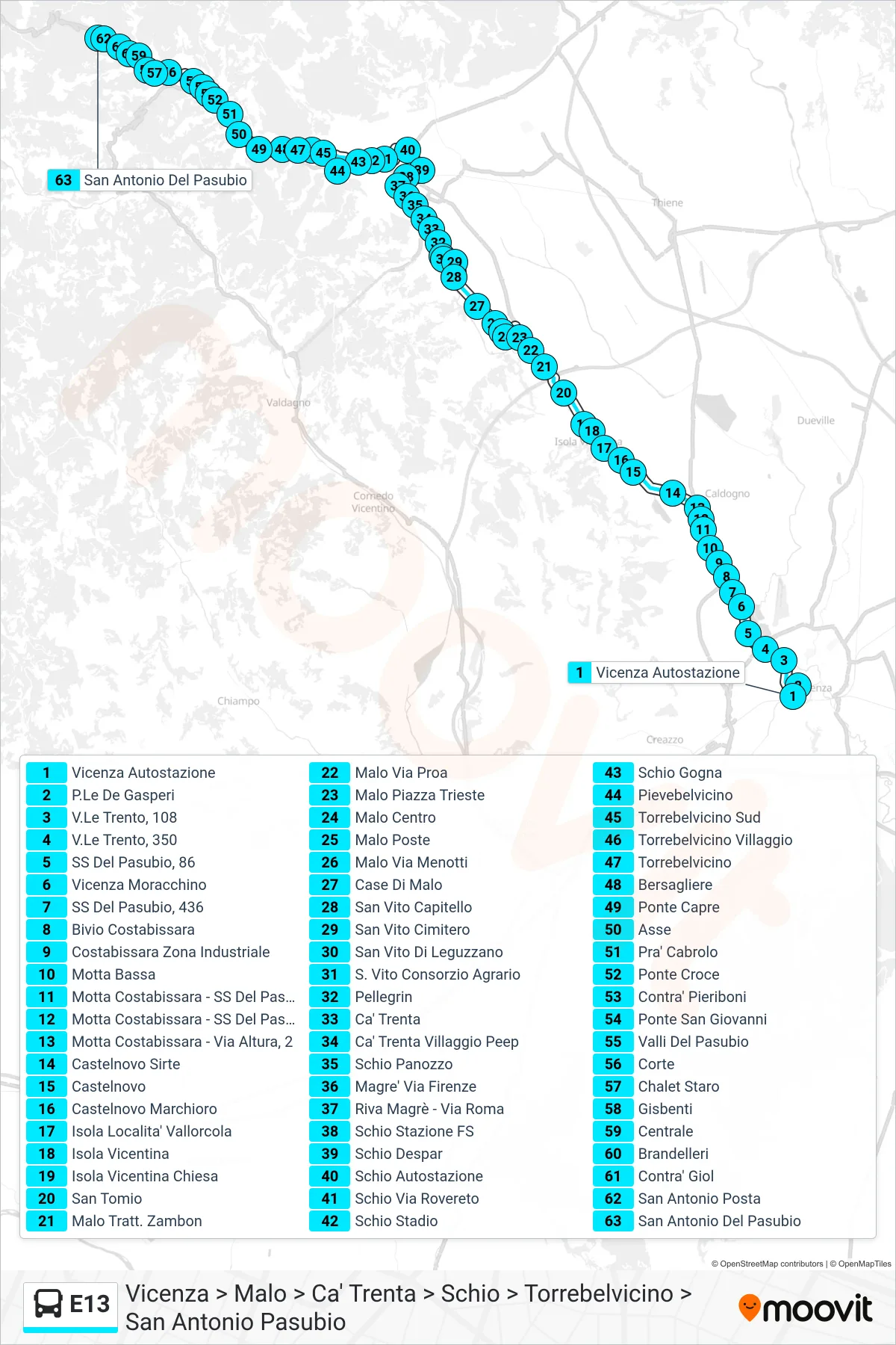 Linea E13 bus (Vicenza > Malo > Ca' Trenta > Schio > Torrebelvicino > San Antonio Pasubio) - Percorsi e fermate sulla mappa