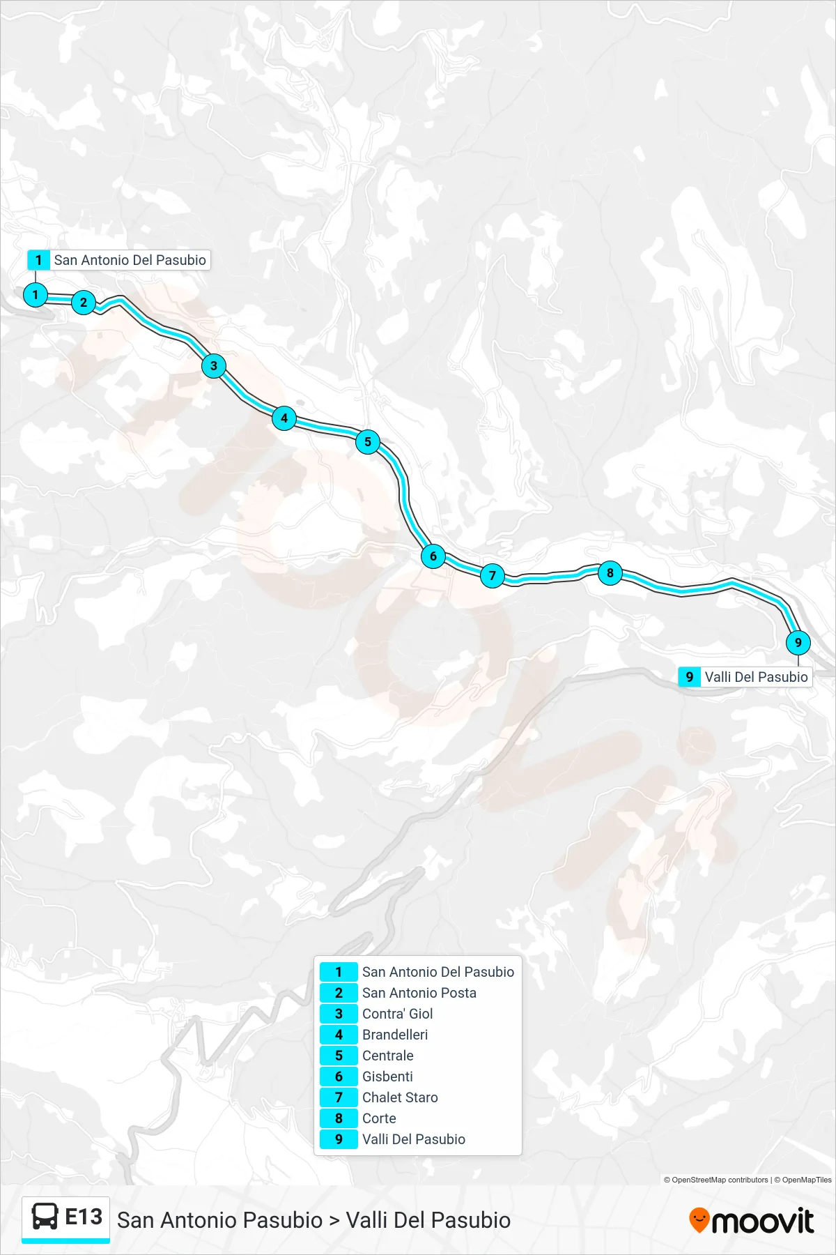 Linea E13 bus (San Antonio Pasubio > Valli Del Pasubio) - Percorsi e fermate sulla mappa
