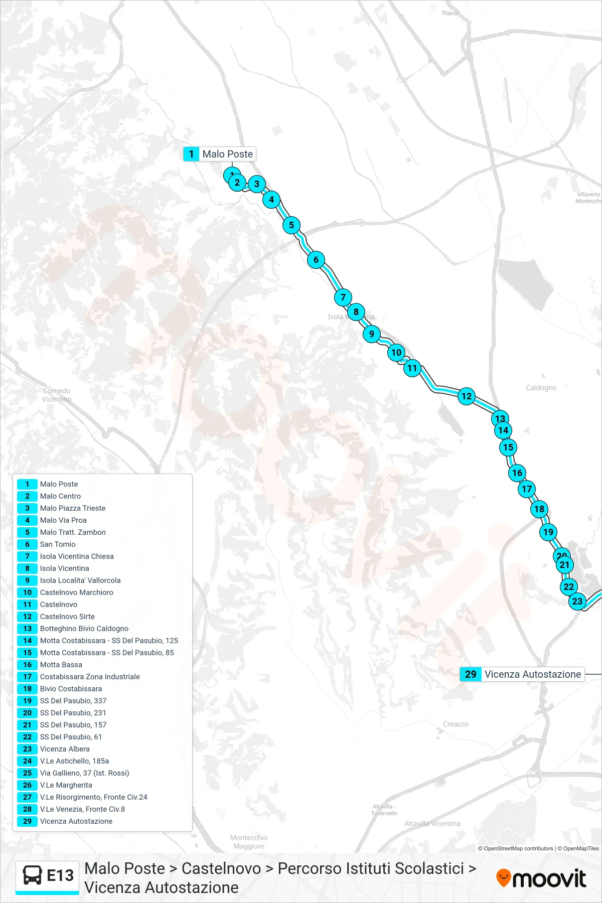Linea E13  bus (Malo Poste > Castelnovo > Percorso Istituti Scolastici > Vicenza Autostazione) - Percorsi e fermate sulla mappa