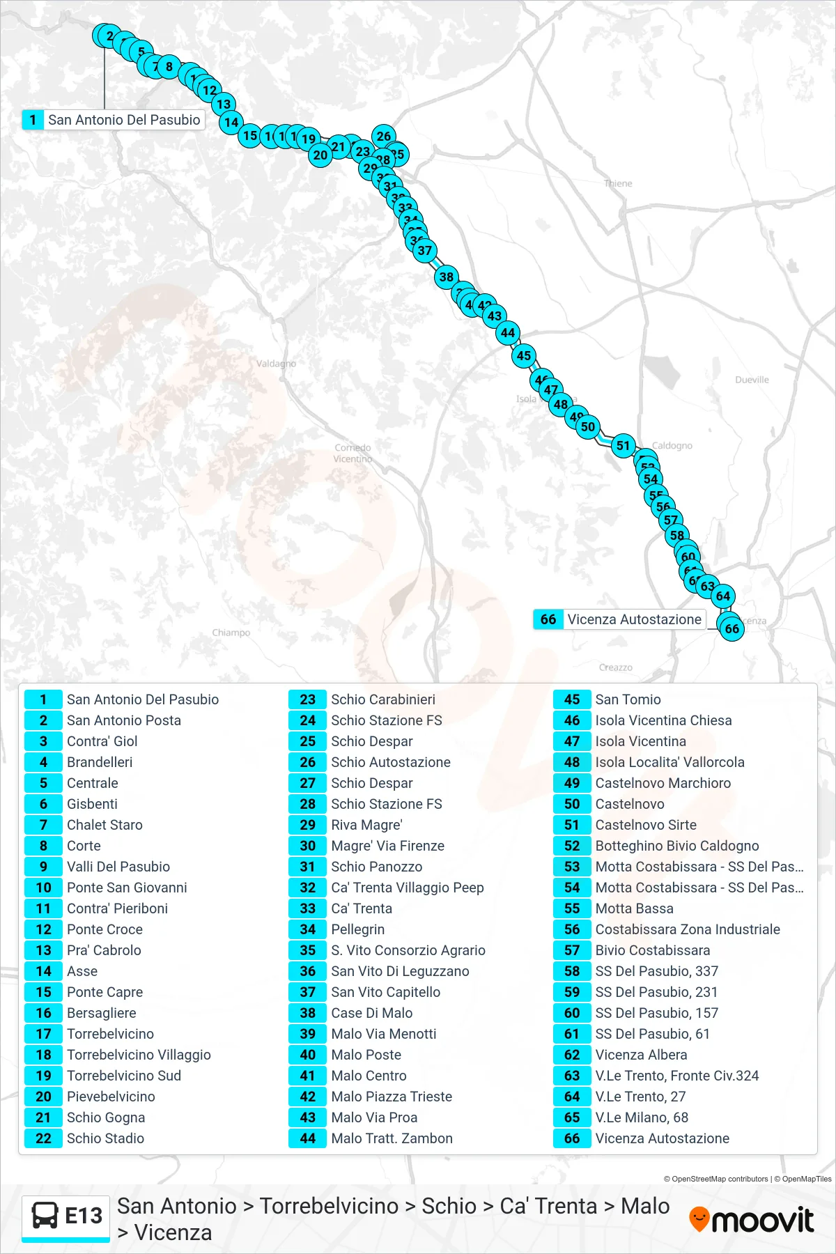 Linea E13 bus (San Antonio > Torrebelvicino > Schio > Ca' Trenta > Malo > Vicenza) - Percorsi e fermate sulla mappa