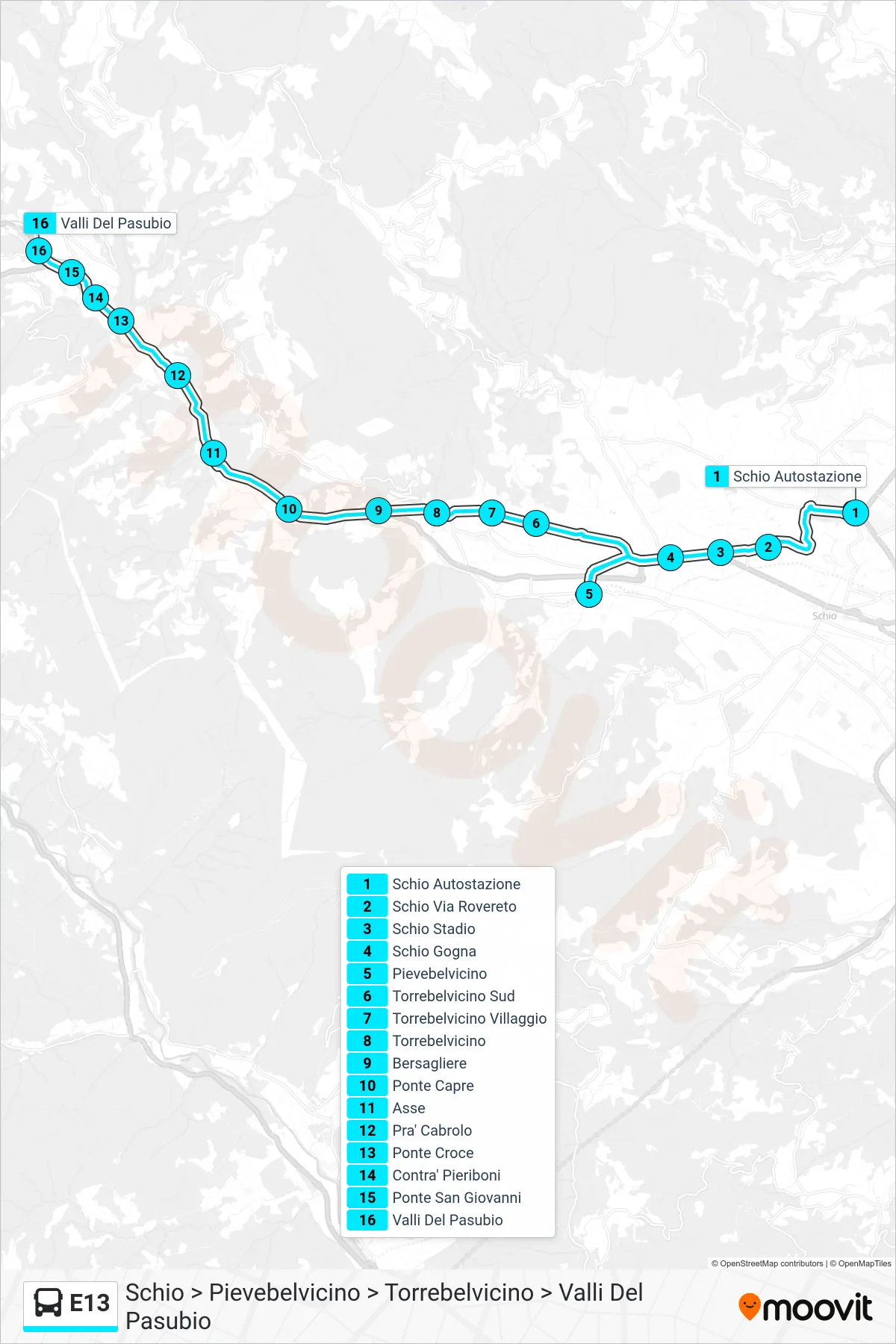 Linea E13 bus (Schio > Pievebelvicino > Torrebelvicino > Valli Del Pasubio) - Percorsi e fermate sulla mappa