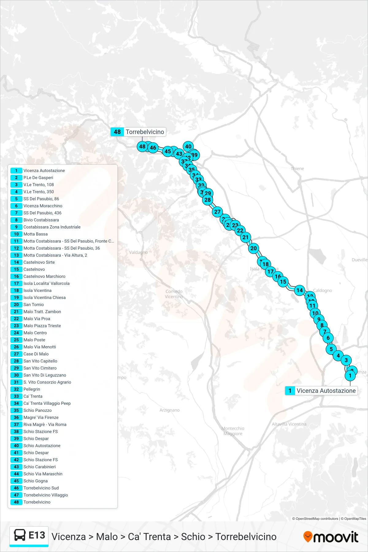 Linea E13 bus (Vicenza > Malo > Ca' Trenta > Schio > Torrebelvicino) - Percorsi e fermate sulla mappa