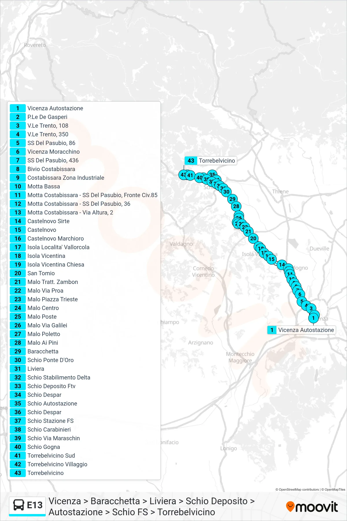 Linea E13 bus (Vicenza > Baracchetta > Liviera > Schio Deposito > Autostazione > Schio FS > Torrebelvicino) - Percorsi e fermate sulla mappa