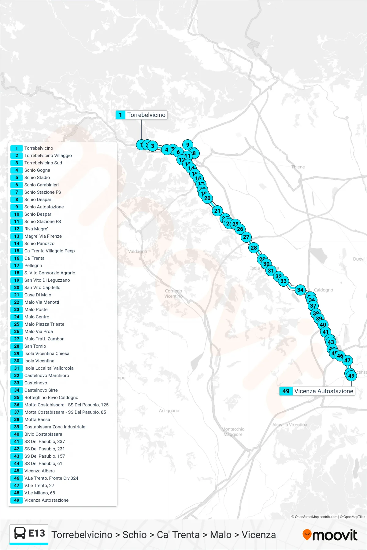 Linea E13 bus (Torrebelvicino > Schio > Ca' Trenta > Malo > Vicenza) - Percorsi e fermate sulla mappa