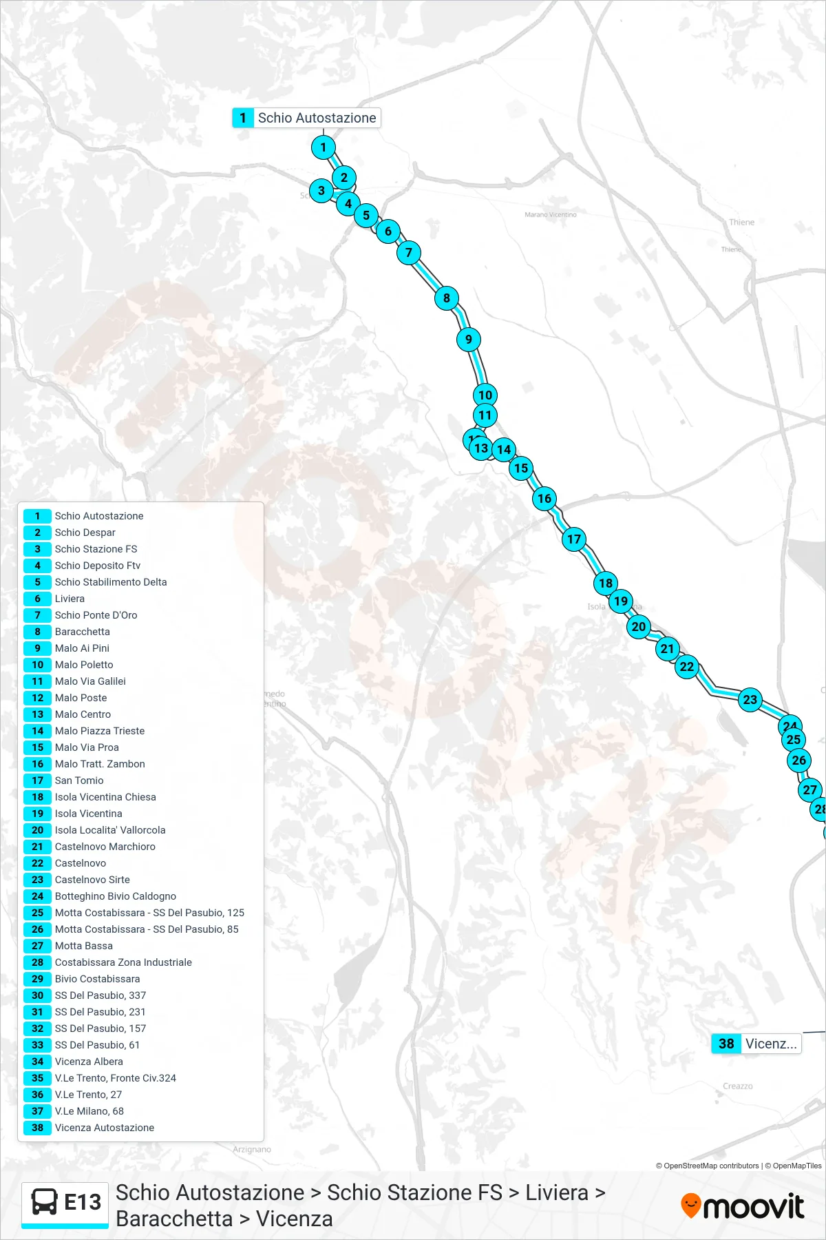 Linea E13 bus (Schio Autostazione > Schio Stazione FS > Liviera > Baracchetta > Vicenza) - Percorsi e fermate sulla mappa