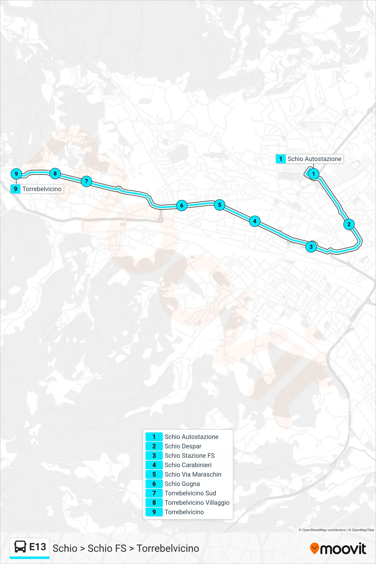 Linea E13 bus (Schio > Schio FS > Torrebelvicino) - Percorsi e fermate sulla mappa