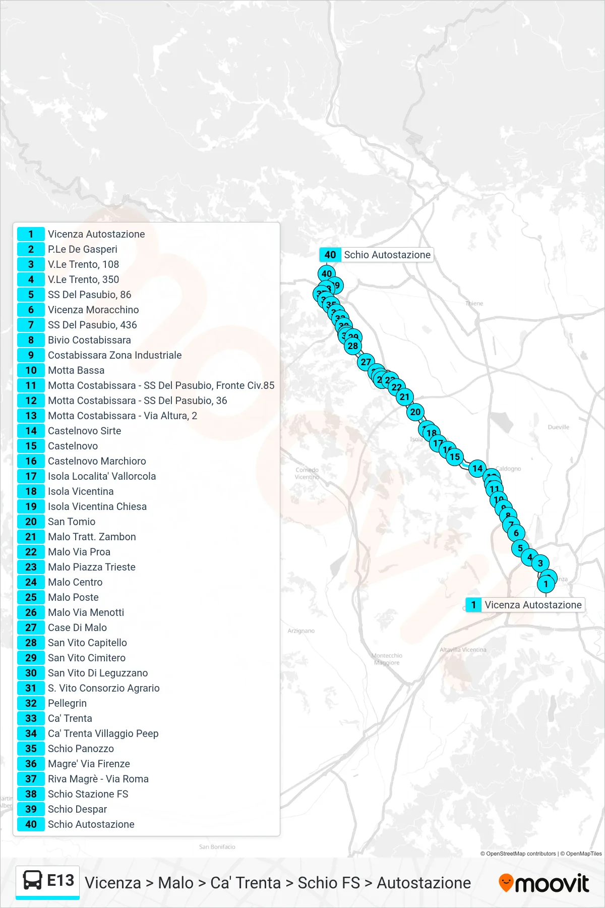 Linea E13 bus (Vicenza > Malo > Ca' Trenta > Schio FS > Autostazione) - Percorsi e fermate sulla mappa