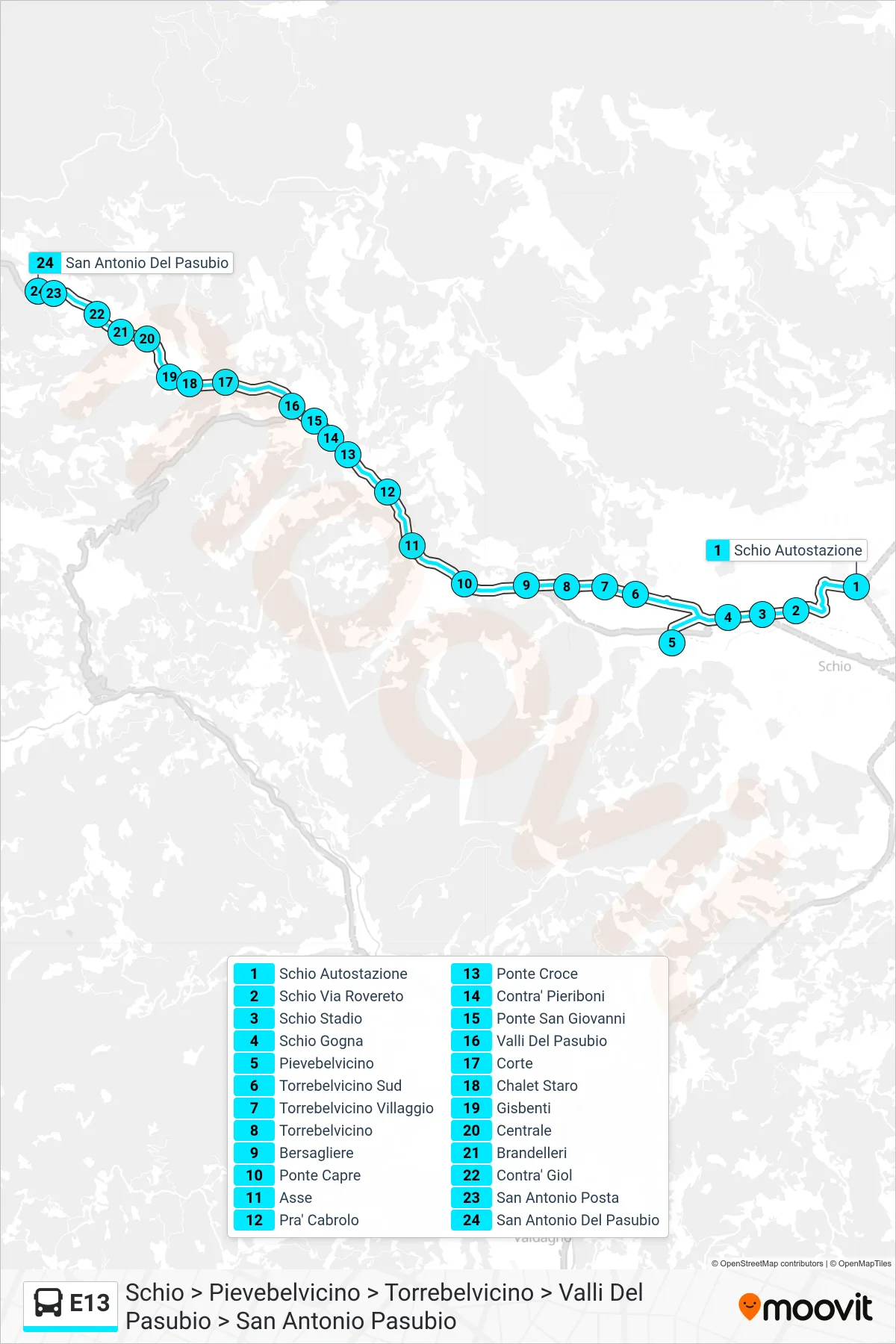 Linea E13 bus (Schio > Pievebelvicino > Torrebelvicino > Valli Del Pasubio > San Antonio Pasubio) - Percorsi e fermate sulla mappa