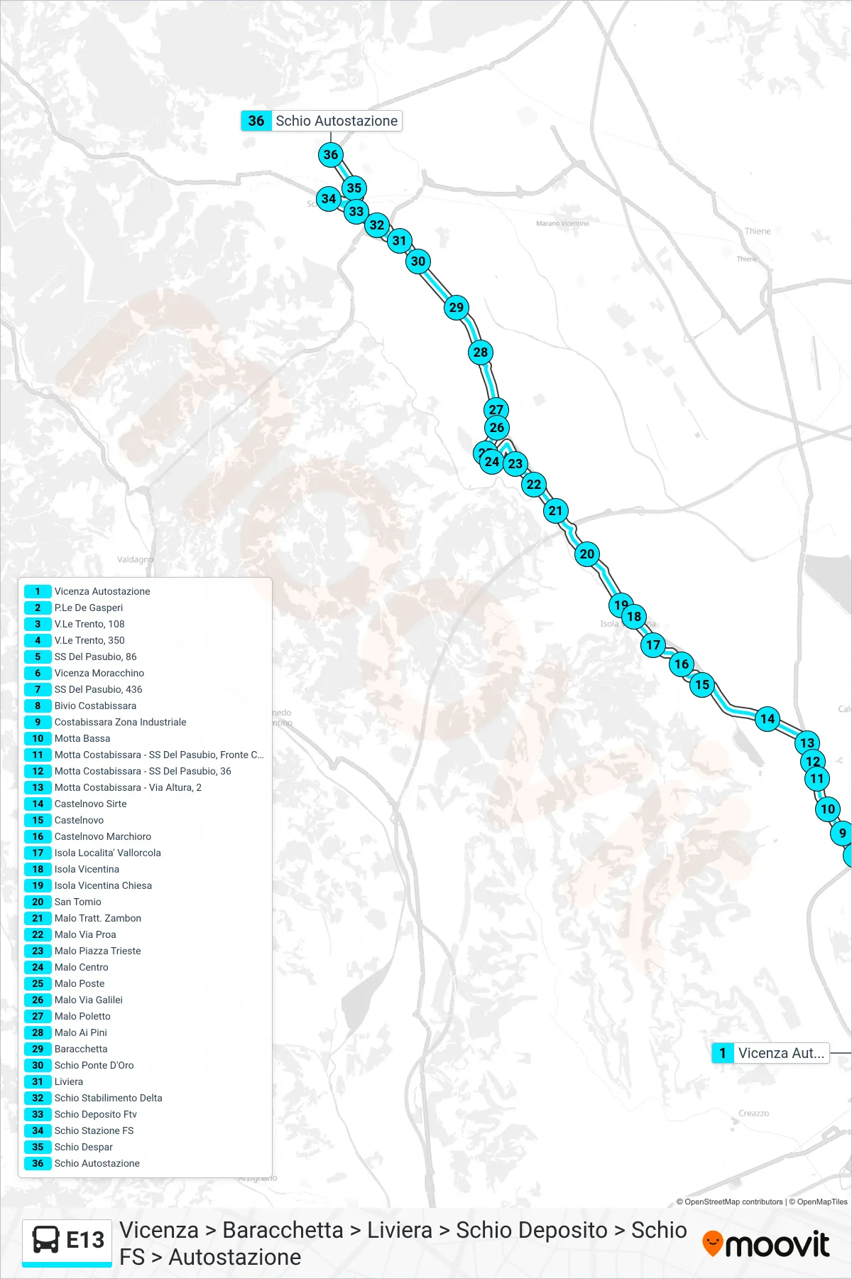Linea E13 bus (Vicenza > Baracchetta > Liviera > Schio Deposito > Schio FS > Autostazione) - Percorsi e fermate sulla mappa
