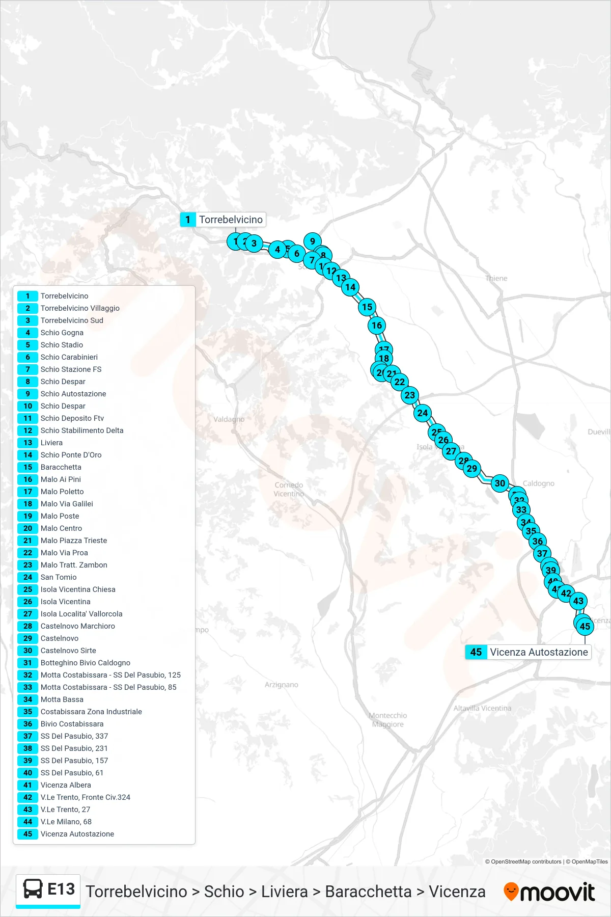 Linea E13  bus (Torrebelvicino > Schio > Liviera > Baracchetta > Vicenza) - Percorsi e fermate sulla mappa