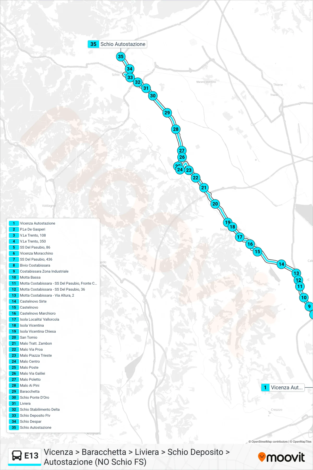 Linea E13  bus (Vicenza > Baracchetta > Liviera > Schio Deposito > Autostazione (NO Schio FS)) - Percorsi e fermate sulla mappa