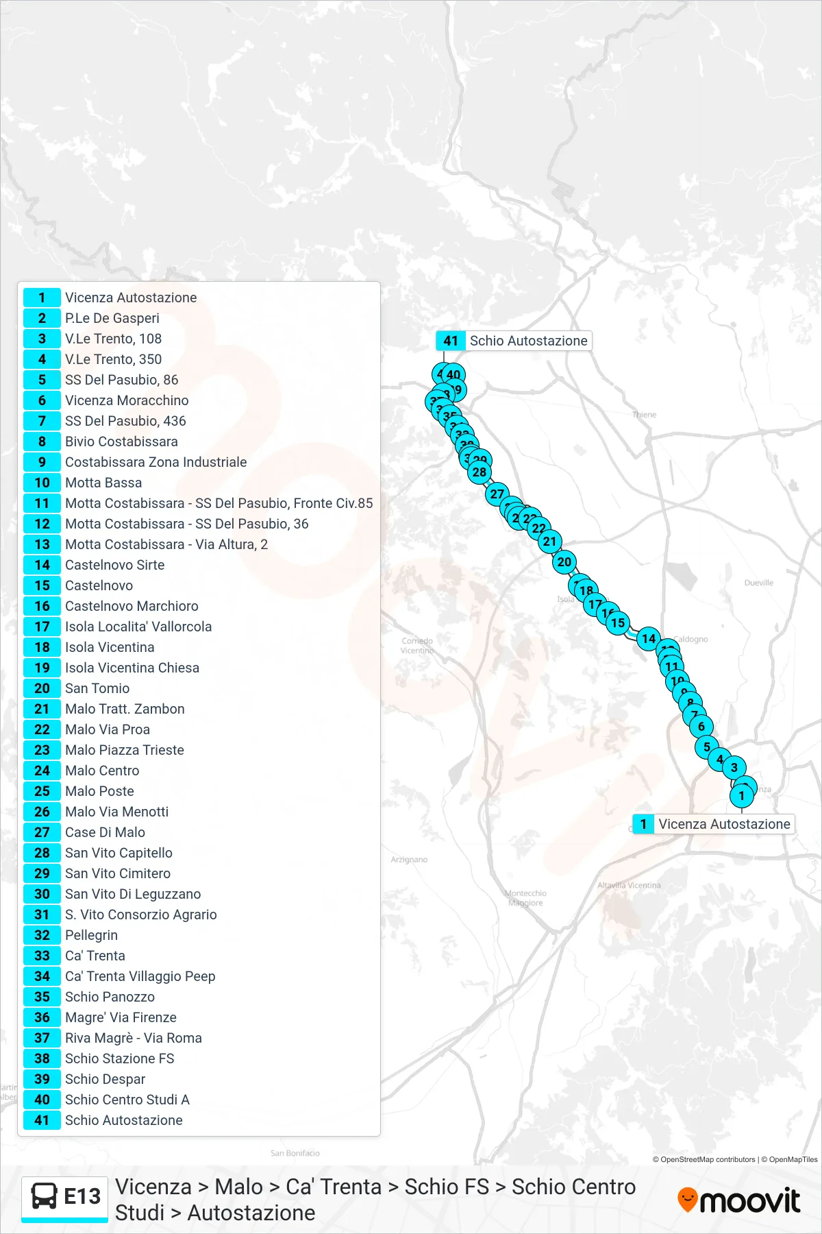 Linea E13 bus (Vicenza > Malo > Ca' Trenta > Schio FS > Schio Centro Studi > Autostazione) - Percorsi e fermate sulla mappa