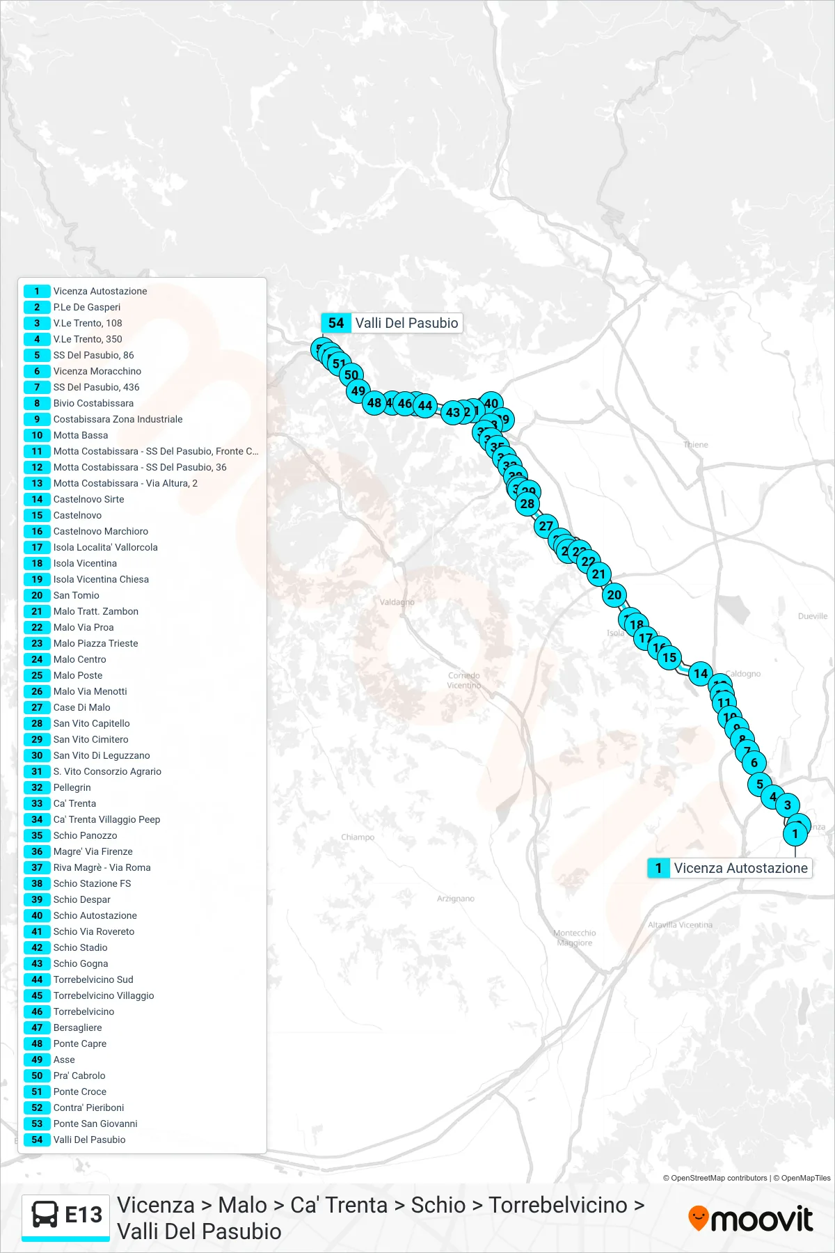Linea E13  bus (Vicenza > Malo > Ca' Trenta > Schio > Torrebelvicino > Valli Del Pasubio) - Percorsi e fermate sulla mappa