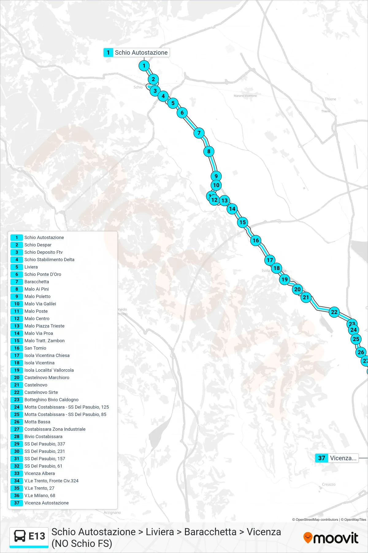 Linea E13 bus (Schio Autostazione > Liviera > Baracchetta > Vicenza (NO Schio FS)) - Percorsi e fermate sulla mappa