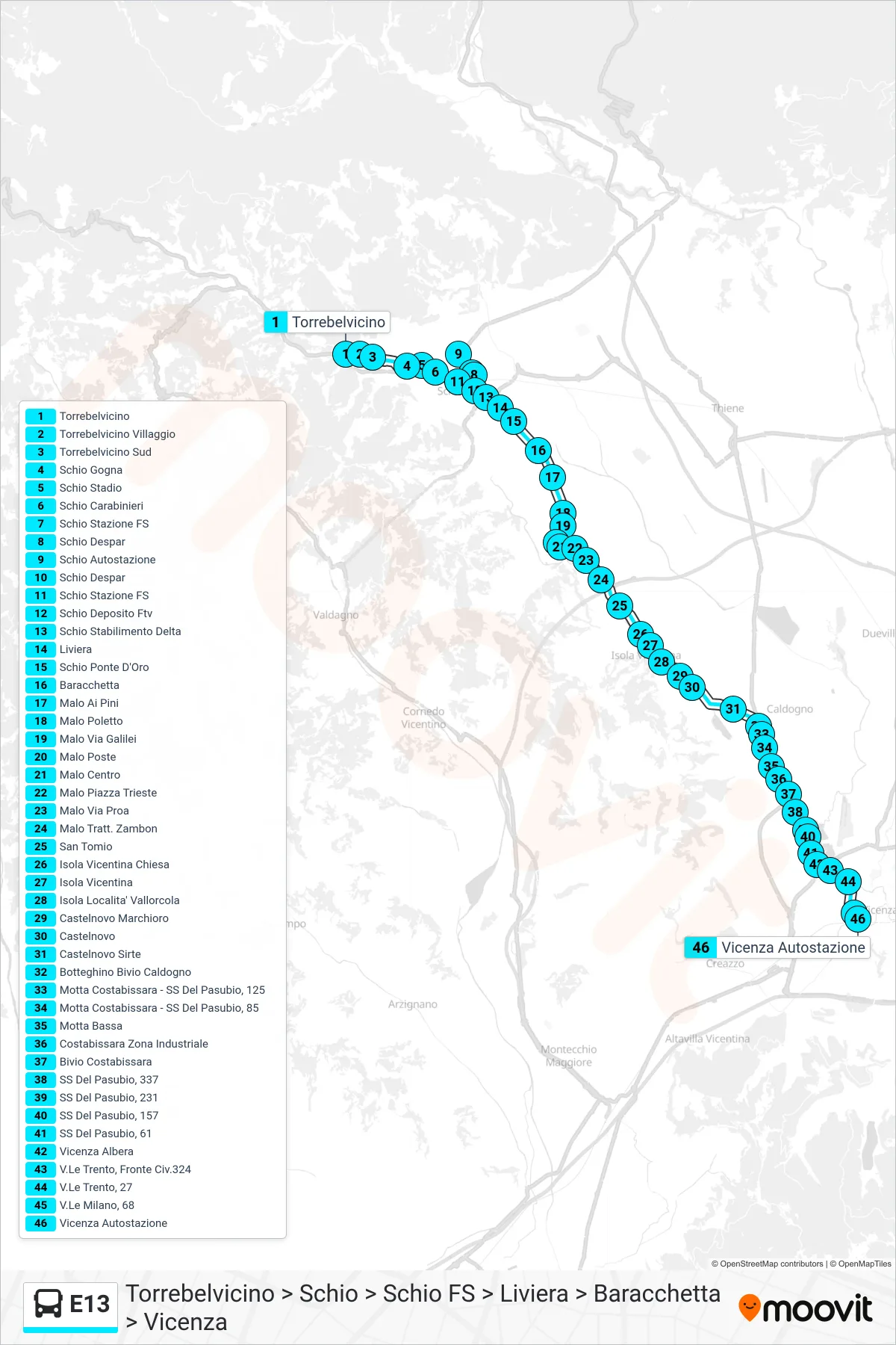 Linea E13  bus (Torrebelvicino > Schio > Schio FS > Liviera > Baracchetta > Vicenza) - Percorsi e fermate sulla mappa