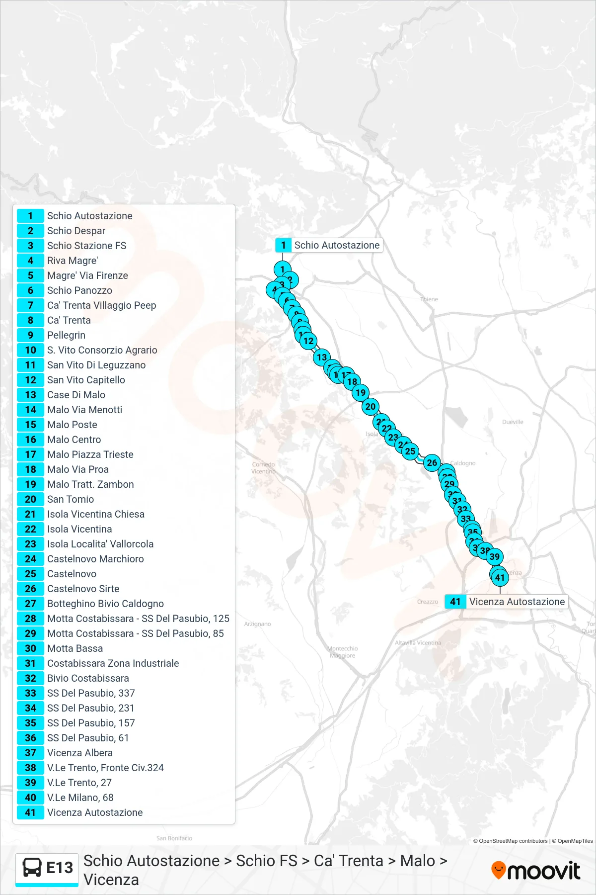Linea E13 bus (Schio Autostazione > Schio FS > Ca' Trenta > Malo > Vicenza) - Percorsi e fermate sulla mappa
