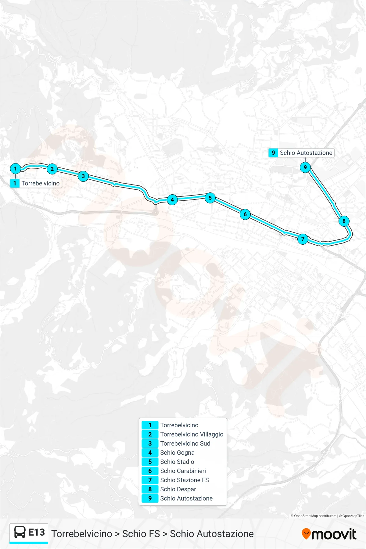 Linea E13 bus (Torrebelvicino > Schio FS > Schio Autostazione) - Percorsi e fermate sulla mappa