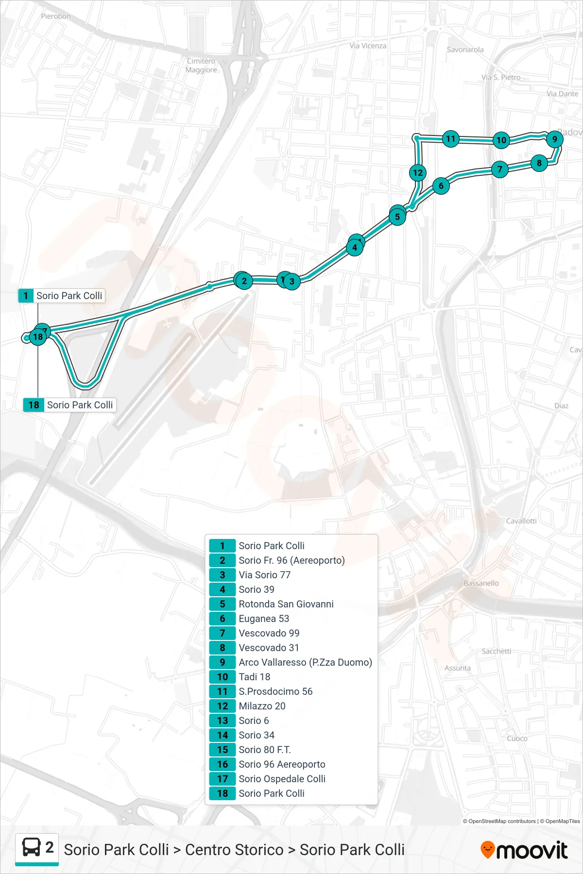 Linea 2 tram (Sorio Park Colli > Centro Storico > Sorio Park Colli) - Percorsi e fermate sulla mappa