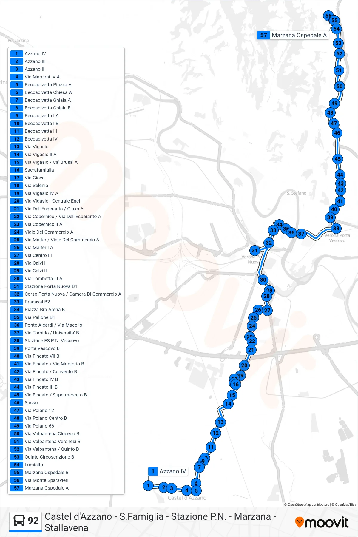 Linea 92 bus (Marzana) - Percorsi e fermate sulla mappa