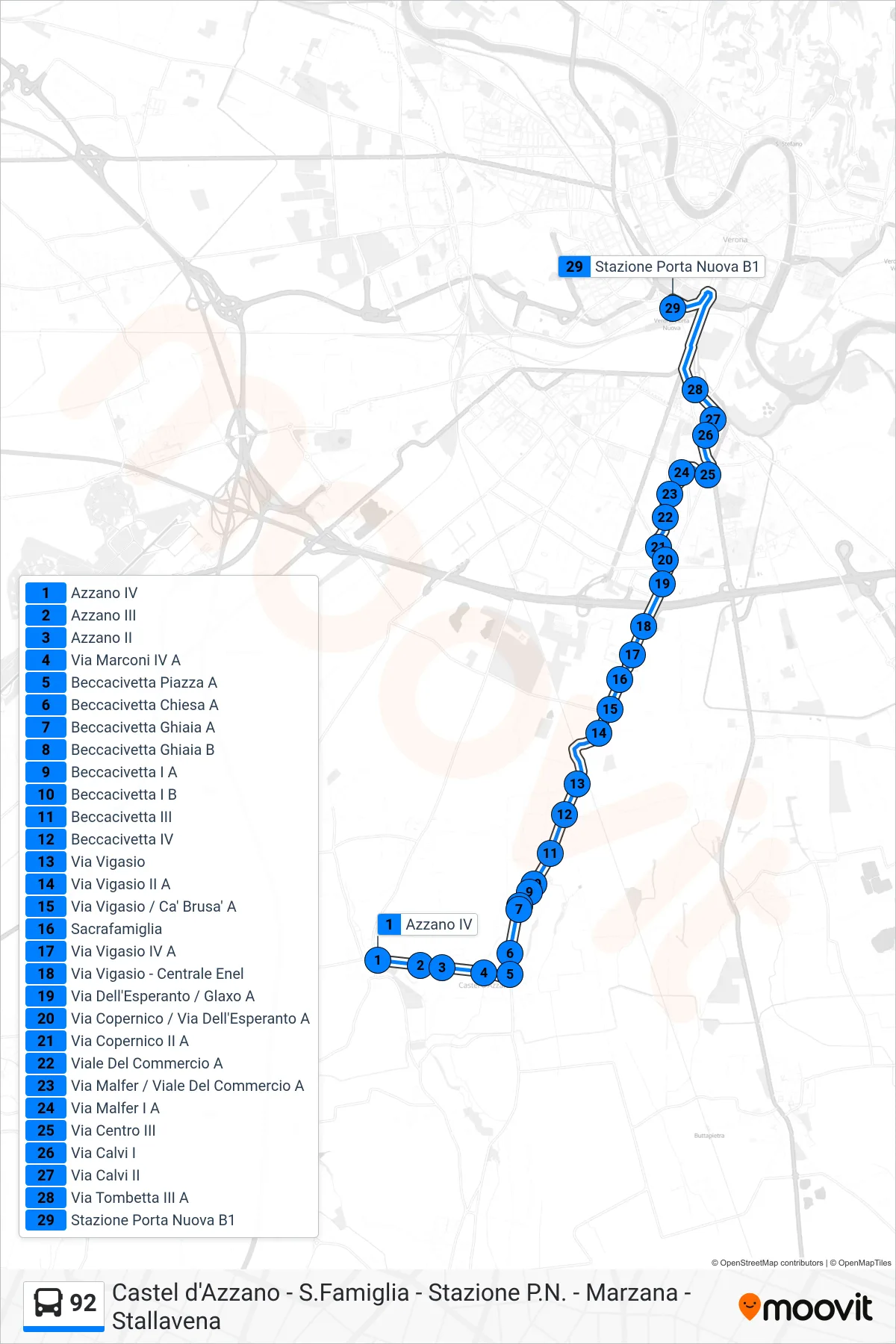 Linea 92  bus (Porta Nuova FS) - Percorsi e fermate sulla mappa