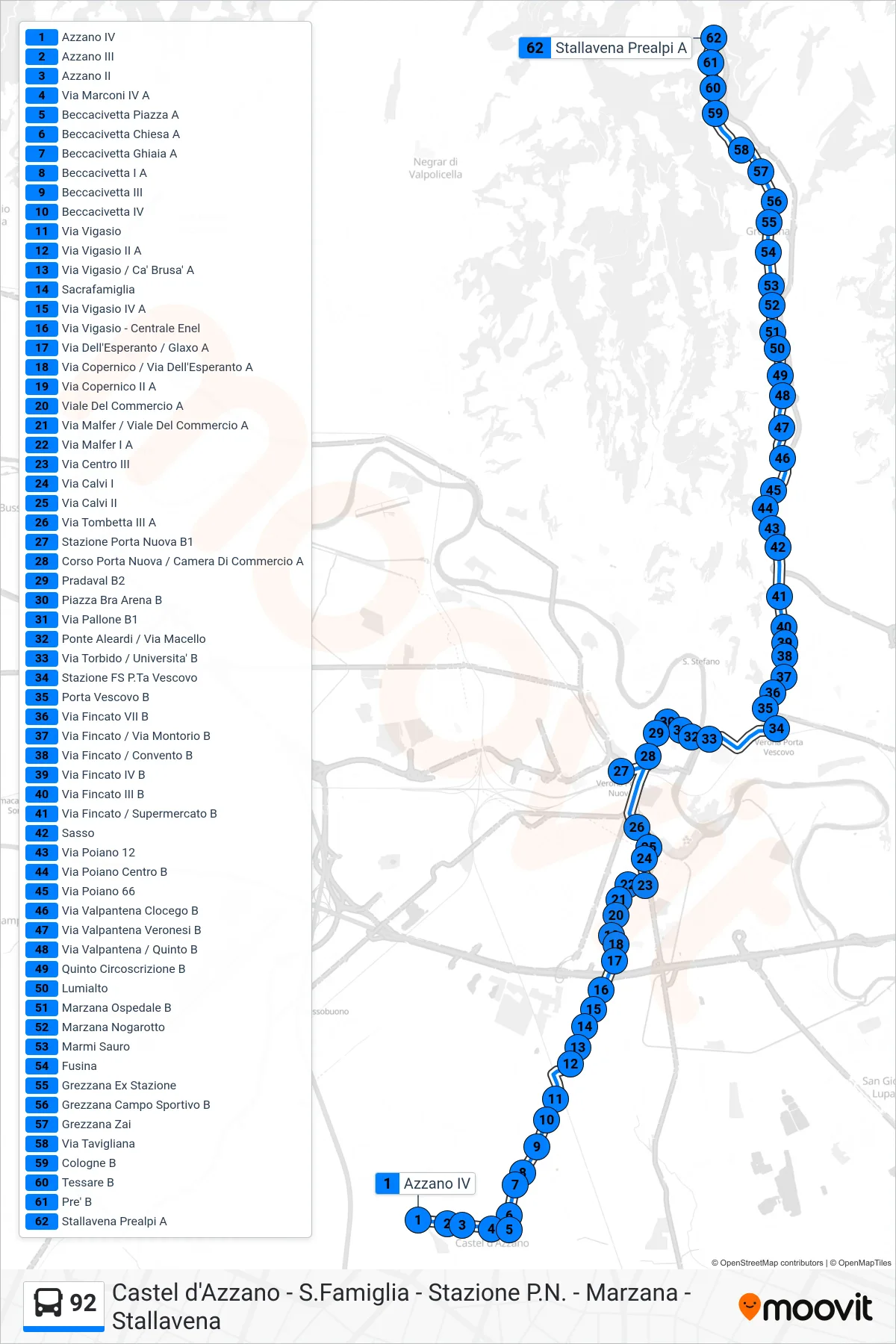 Linea 92 bus (Stallavena) - Percorsi e fermate sulla mappa