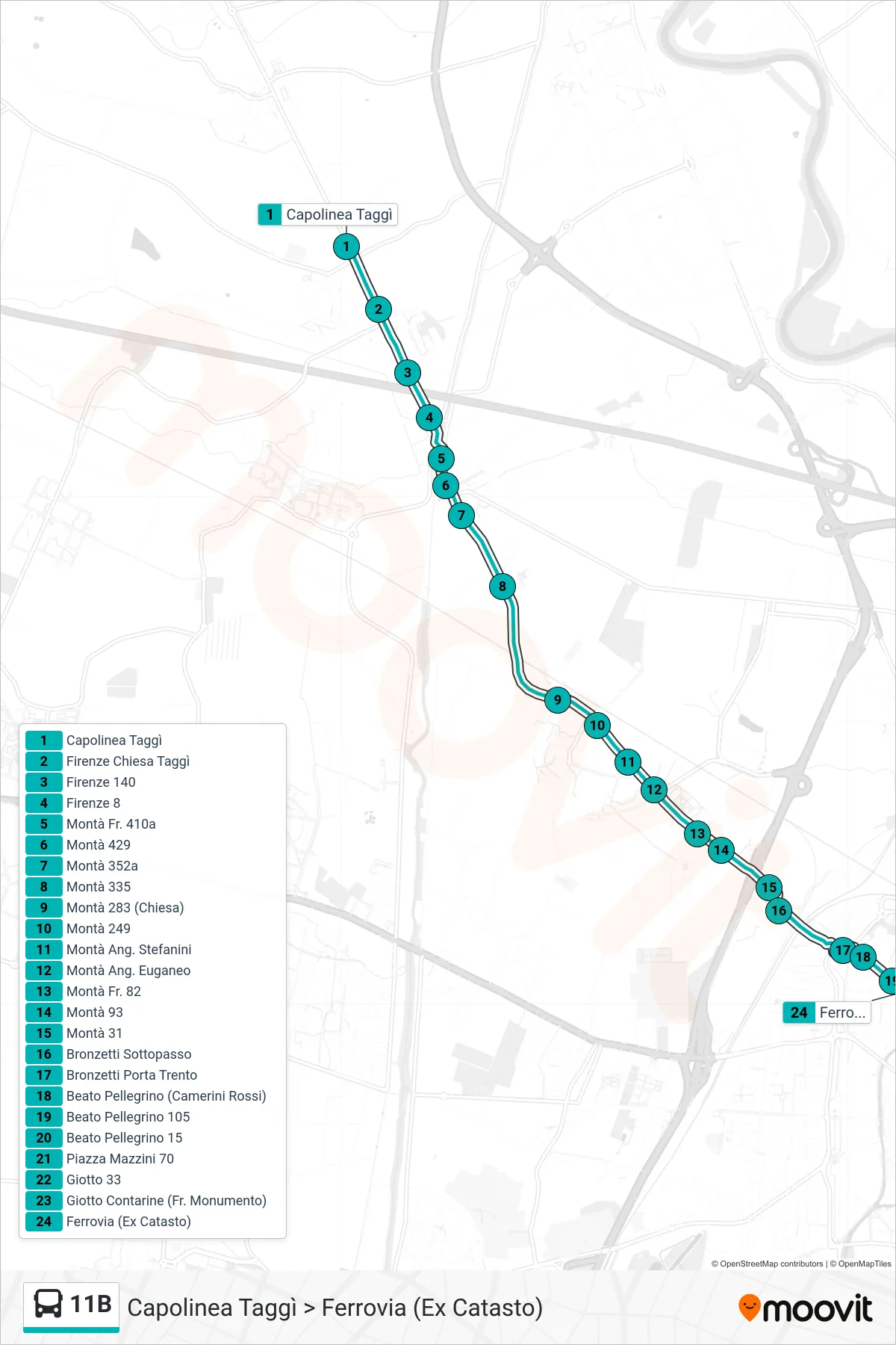 Linea 11B  tram (Capolinea Taggì > Ferrovia (Ex Catasto)) - Percorsi e fermate sulla mappa