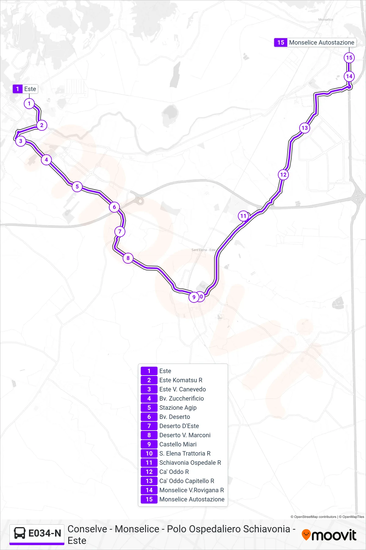 Linea E034-N  bus (Monselice Autostazione) - Percorsi e fermate sulla mappa