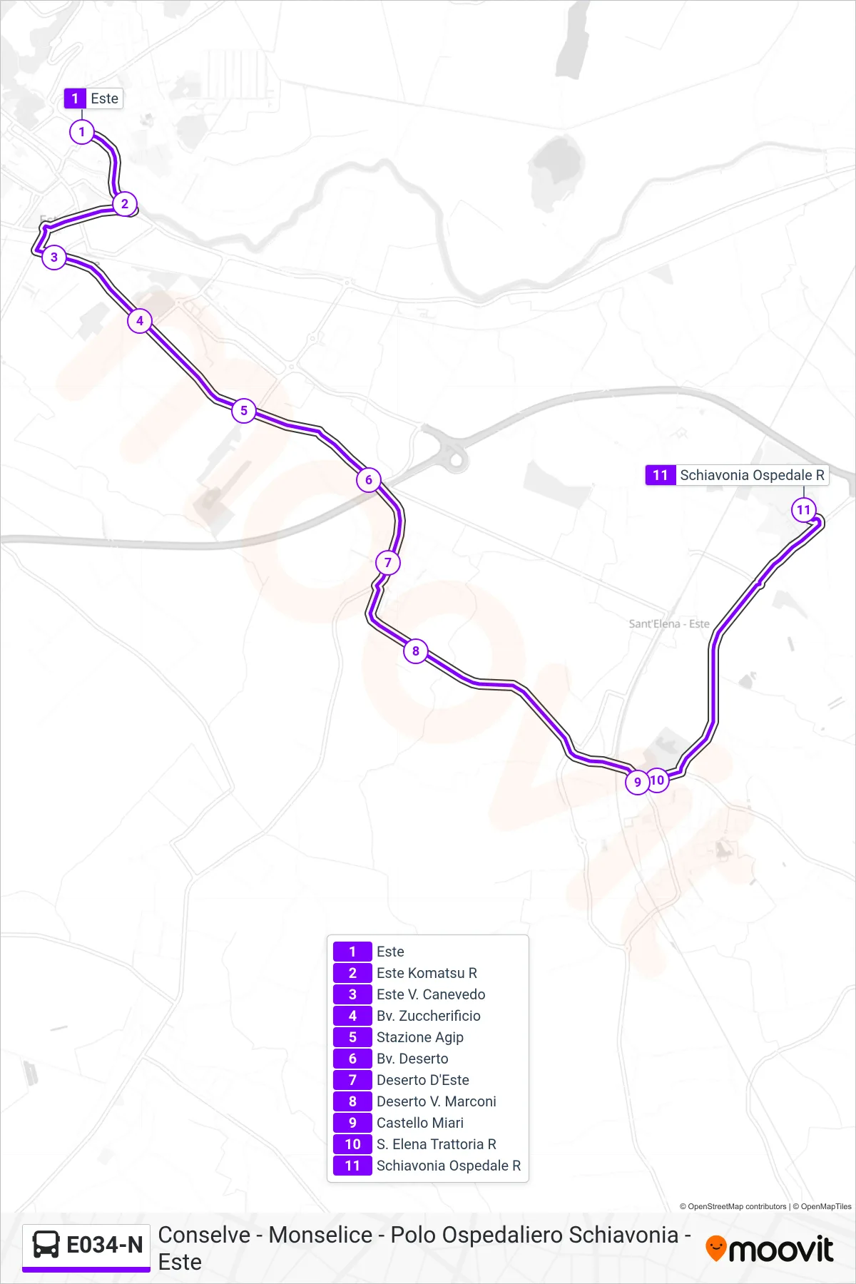Linea E034-N bus (Schiavonia Ospedale) - Percorsi e fermate sulla mappa
