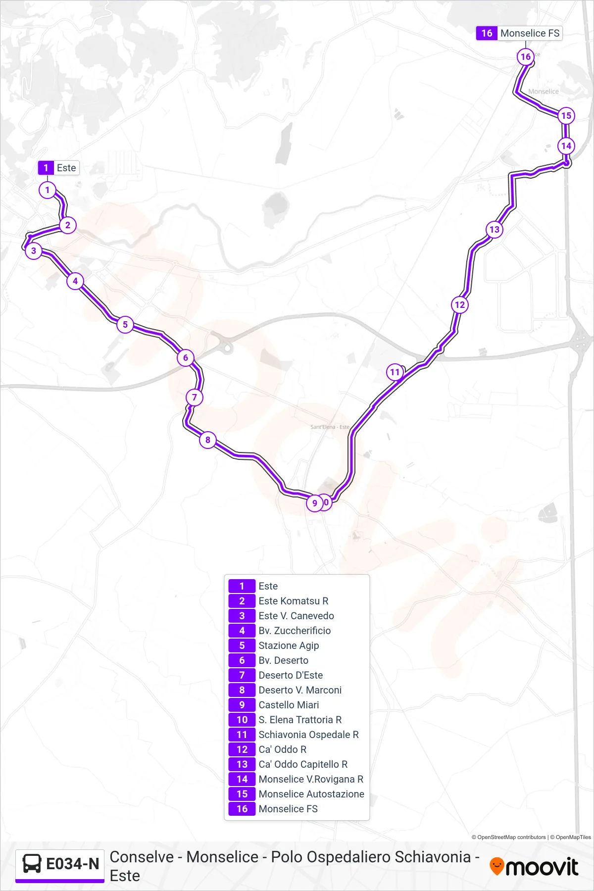 Linea E034-N bus (Monselice FS) - Percorsi e fermate sulla mappa