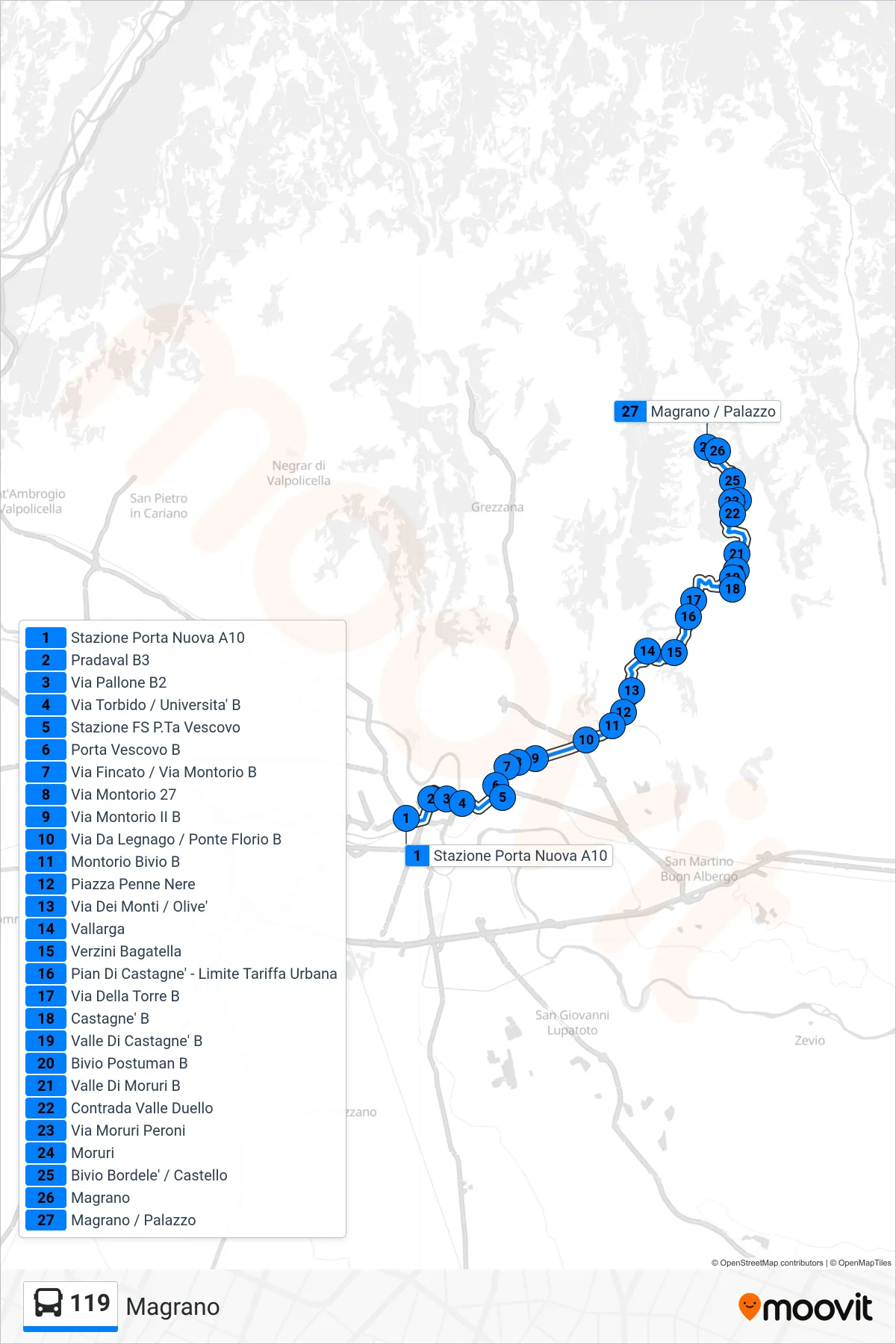 Linea 119 bus (Magrano) - Percorsi e fermate sulla mappa