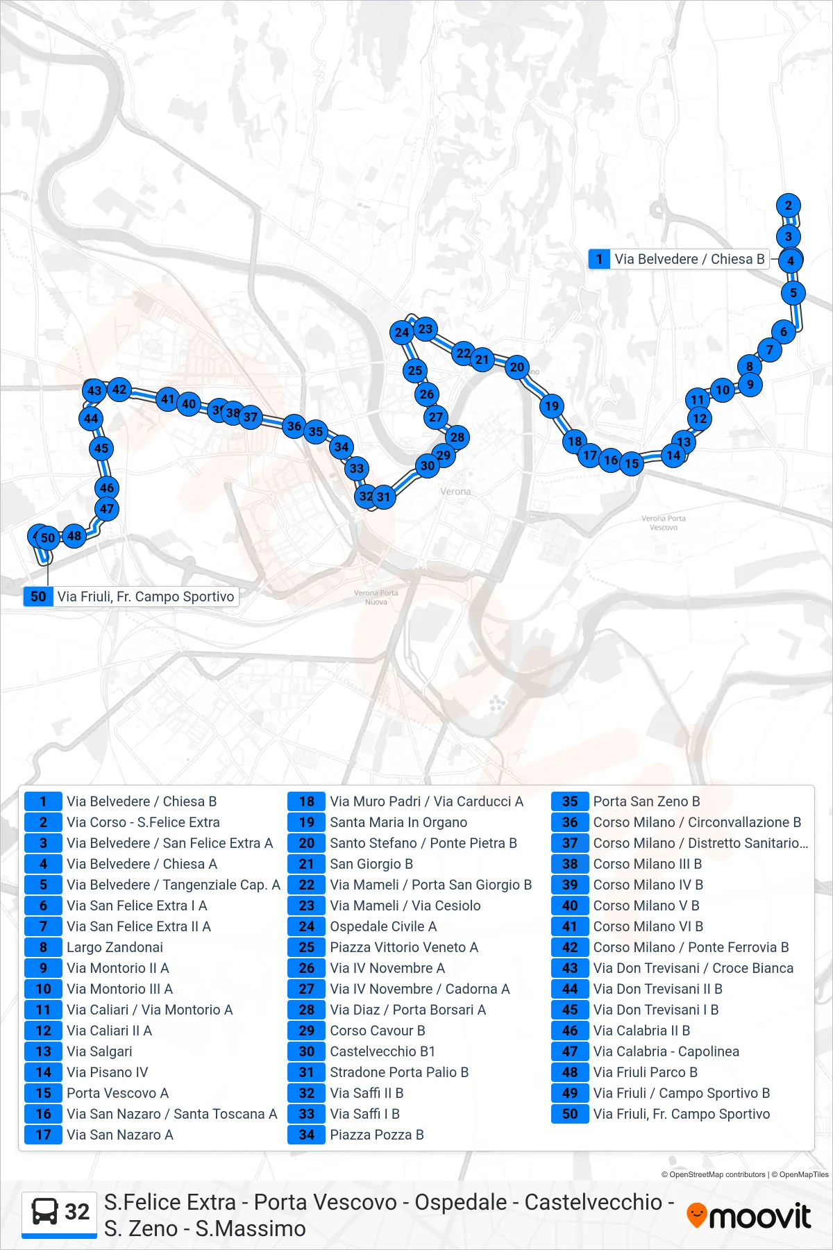 Linea 32  bus (Via Friuli) - Percorsi e fermate sulla mappa