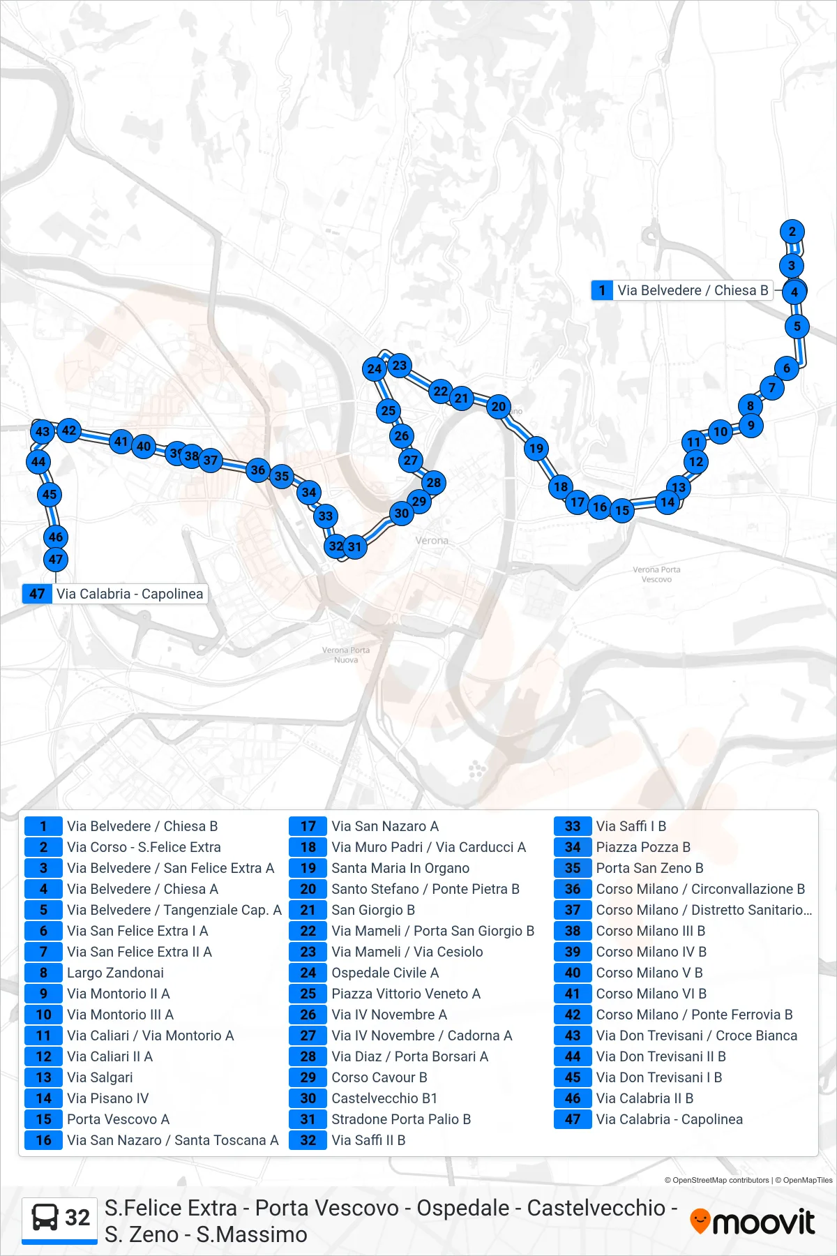 Linea 32 bus (Via Calabria) - Percorsi e fermate sulla mappa