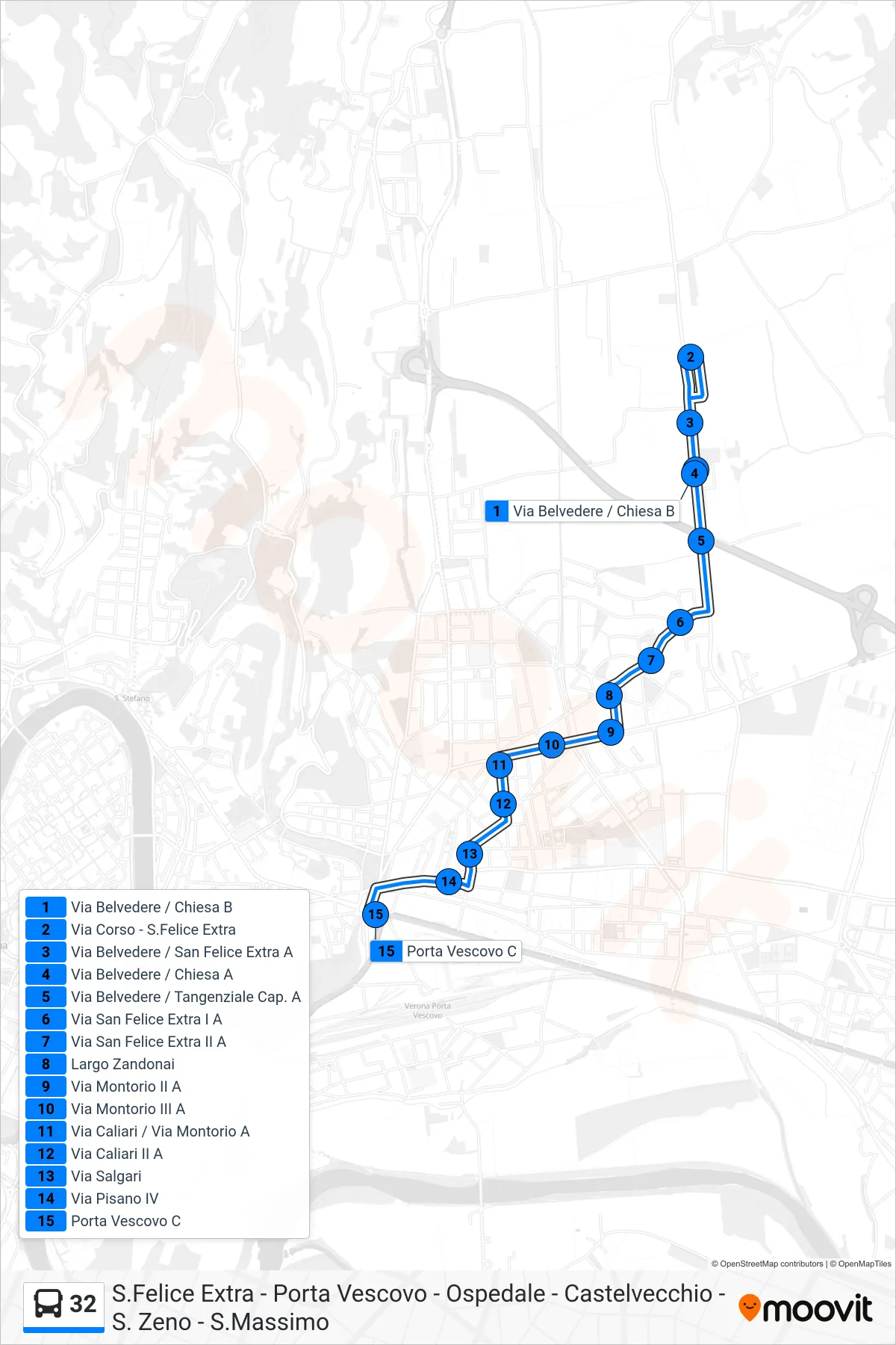 Linea 32 bus (Porta Vescovo) - Percorsi e fermate sulla mappa