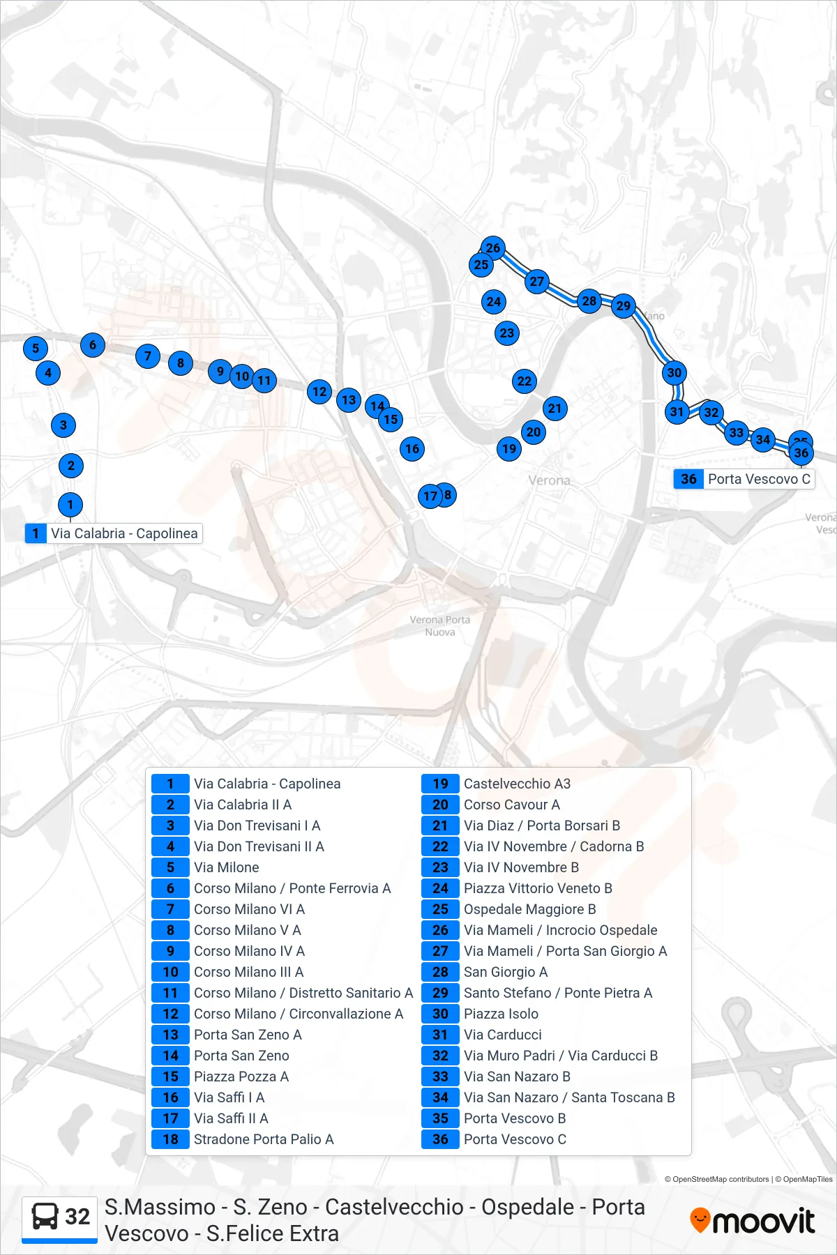 Linea 32 bus (Porta Vescovo) - Percorsi e fermate sulla mappa