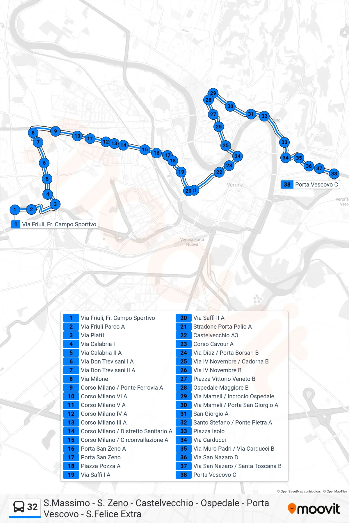 Linea 32 bus (Porta Vescovo) - Percorsi e fermate sulla mappa