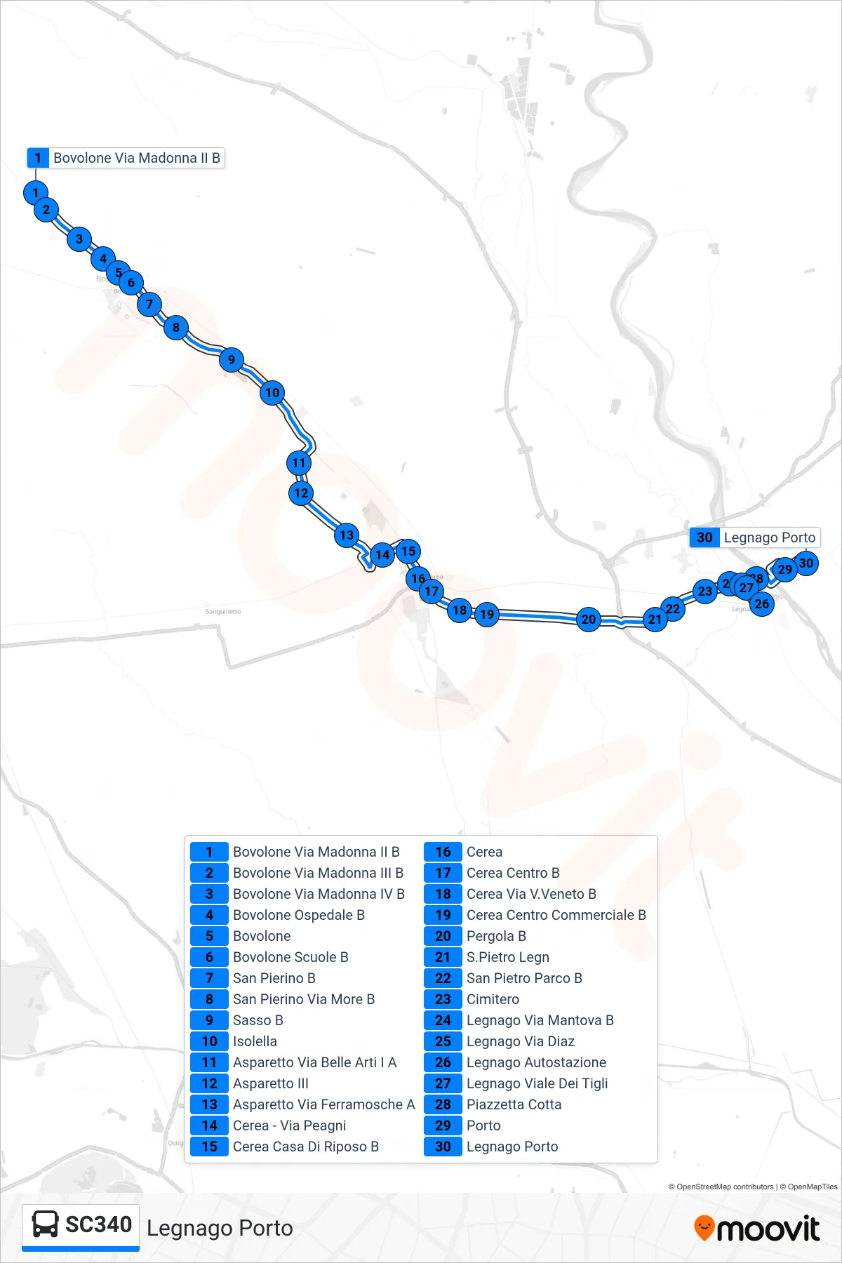 Linea SC340 bus (Legnago Porto) - Percorsi e fermate sulla mappa