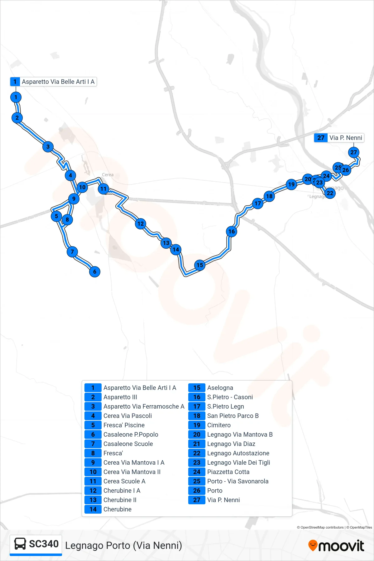 Linea SC340  bus (Legnago Porto (Via Nenni)) - Percorsi e fermate sulla mappa