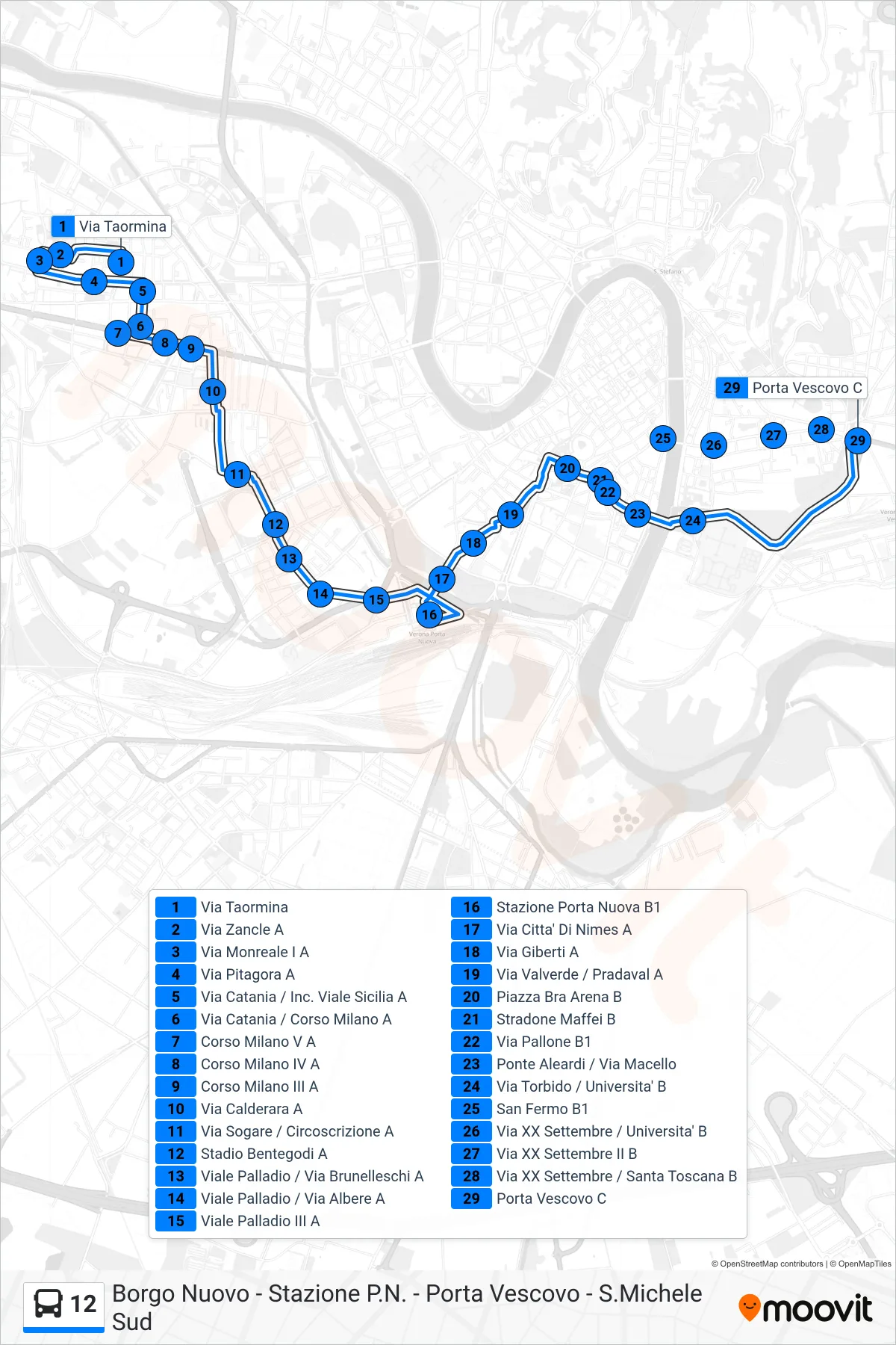 Linea 12 bus (Porta Vescovo) - Percorsi e fermate sulla mappa