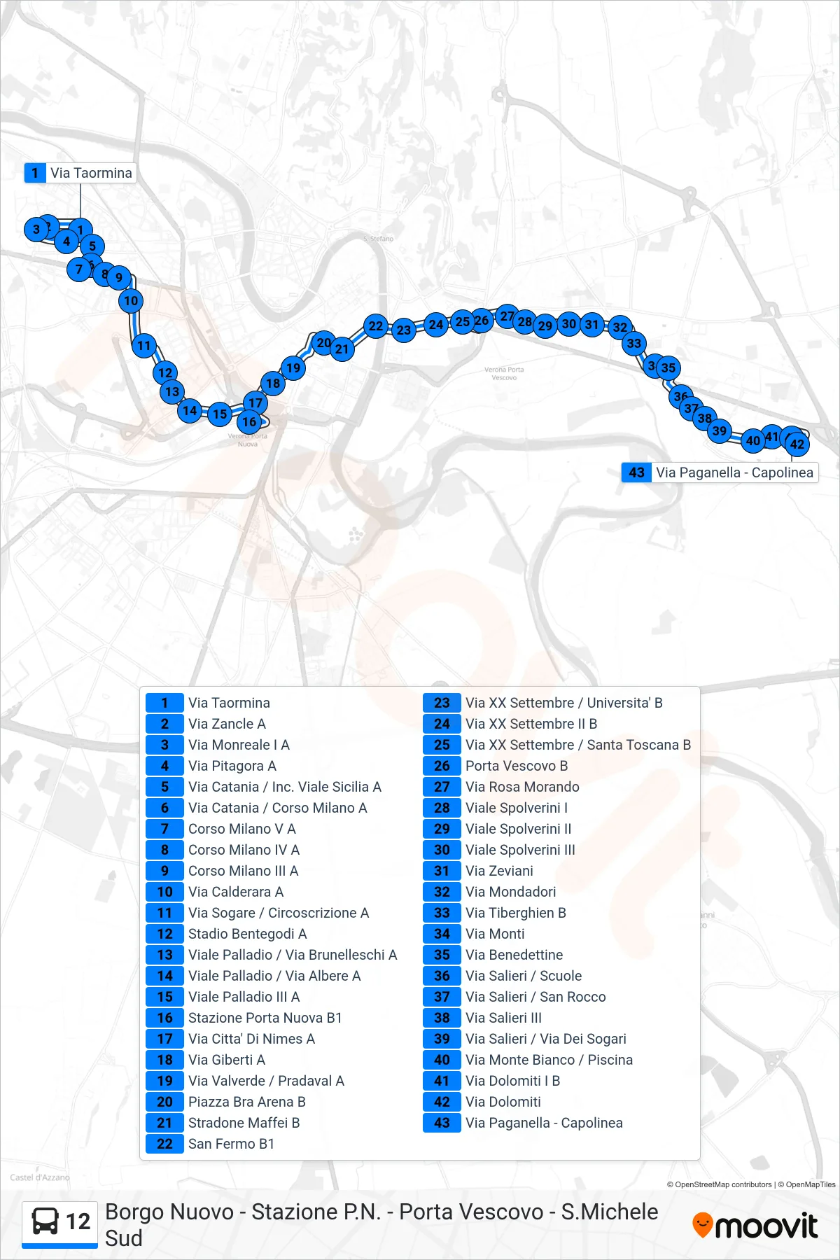 Linea 12 bus (Via Dolomiti) - Percorsi e fermate sulla mappa