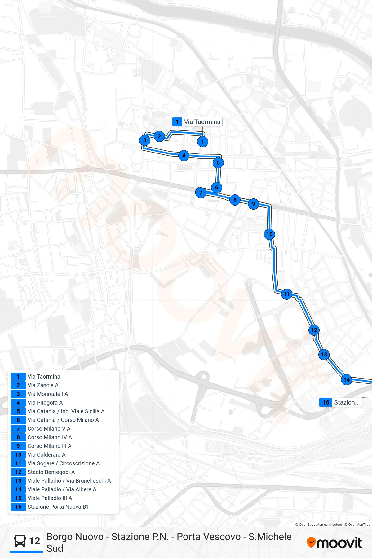 Linea 12 bus (Porta Nuova FS) - Percorsi e fermate sulla mappa