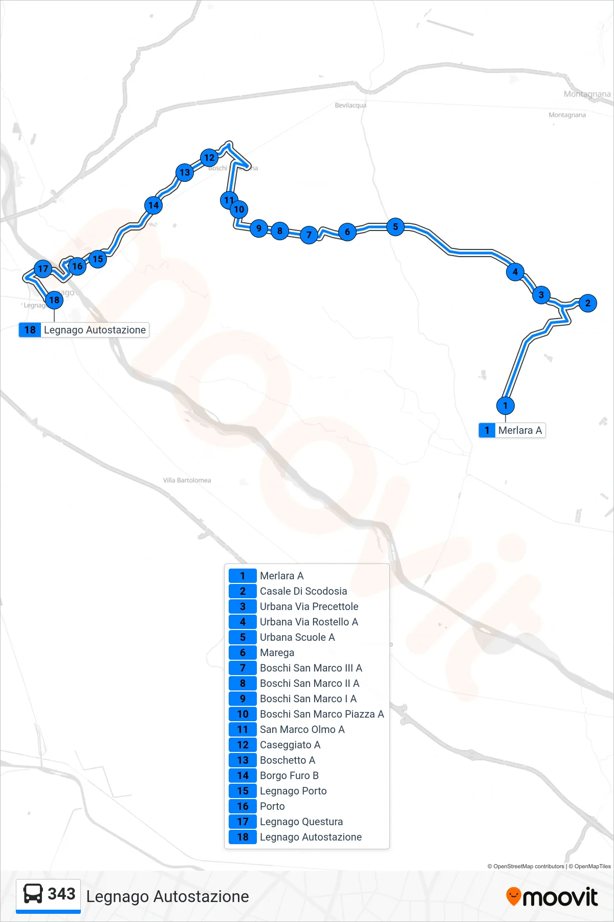 Linea 343 bus (Legnago Autostazione) - Percorsi e fermate sulla mappa