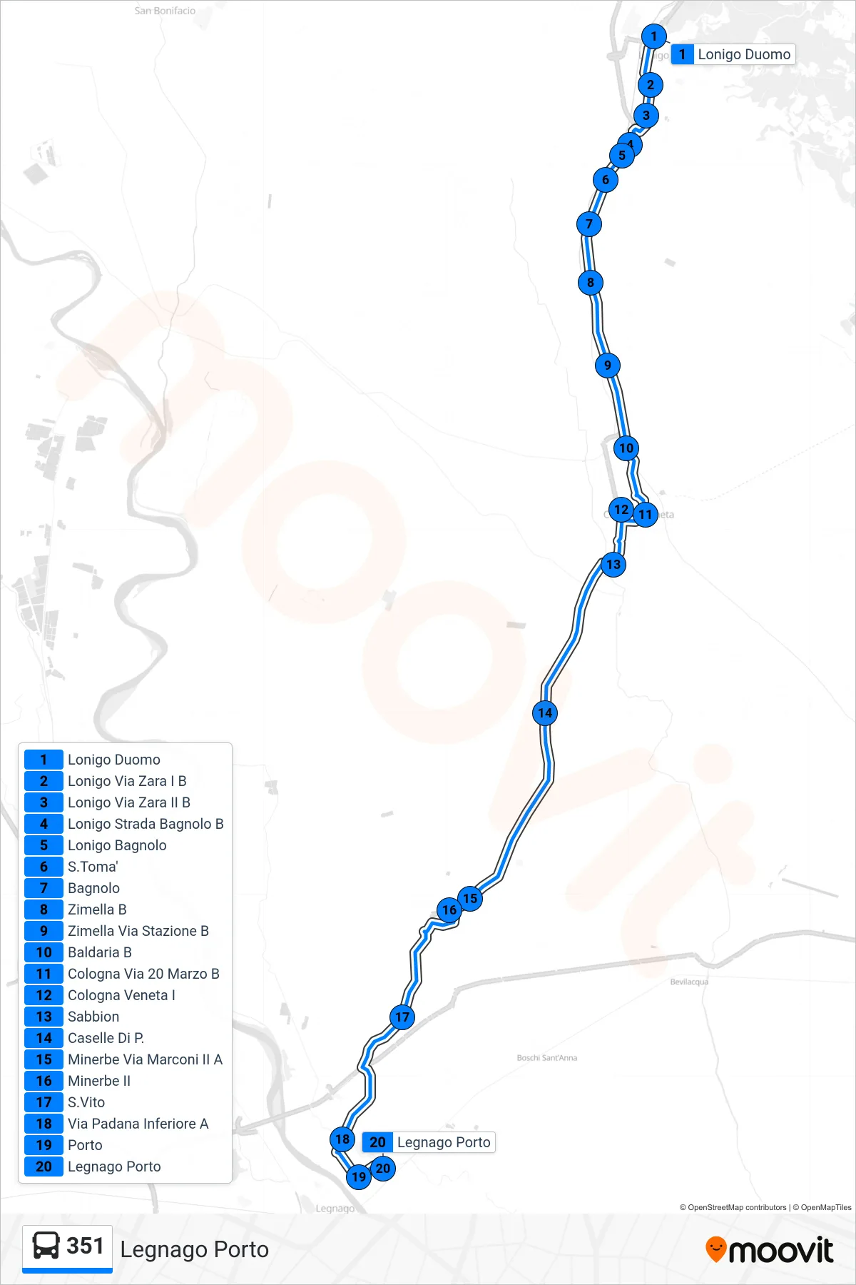 Linea 351  bus (Legnago Porto) - Percorsi e fermate sulla mappa