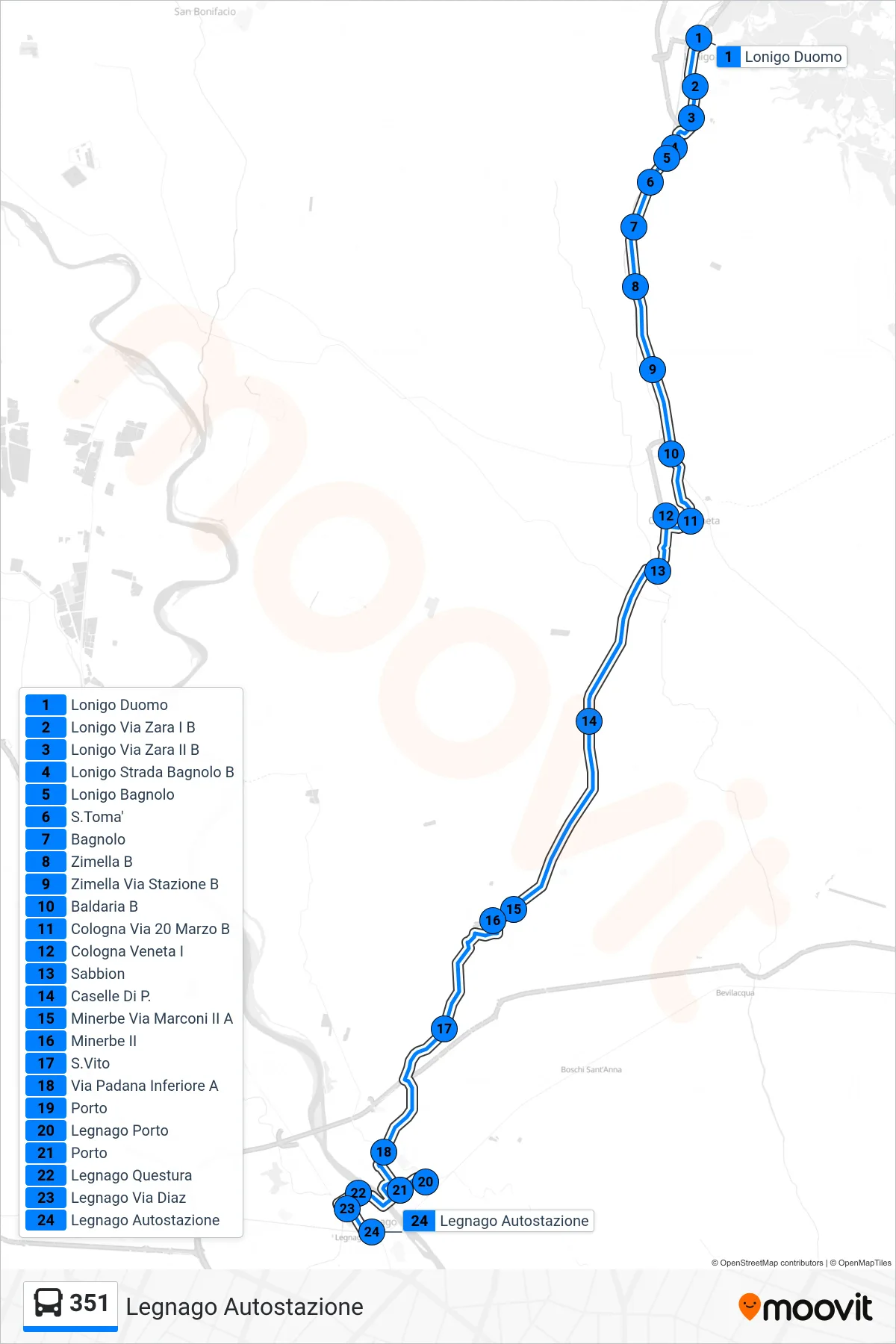 Linea 351  bus (Legnago Autostazione) - Percorsi e fermate sulla mappa