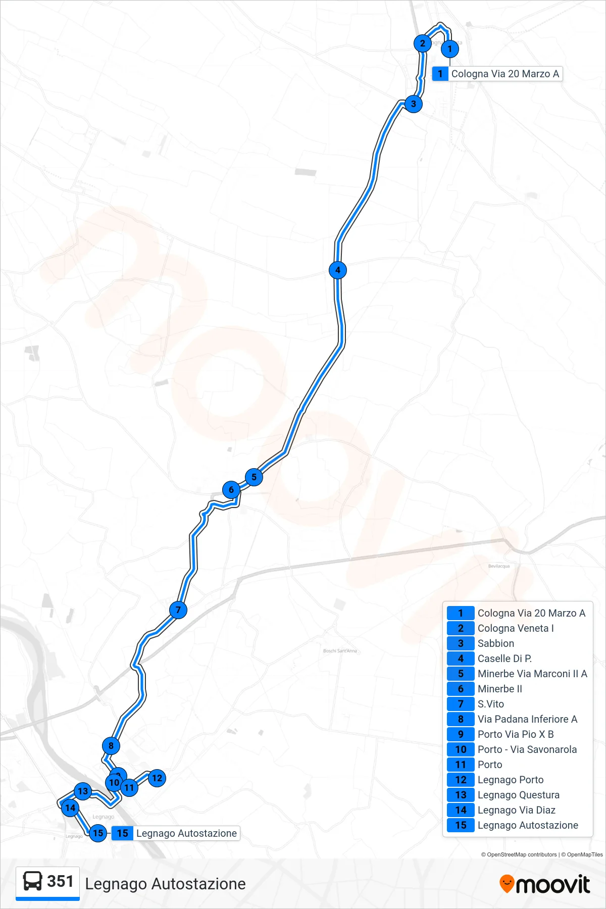 Linea 351  bus (Legnago Autostazione) - Percorsi e fermate sulla mappa